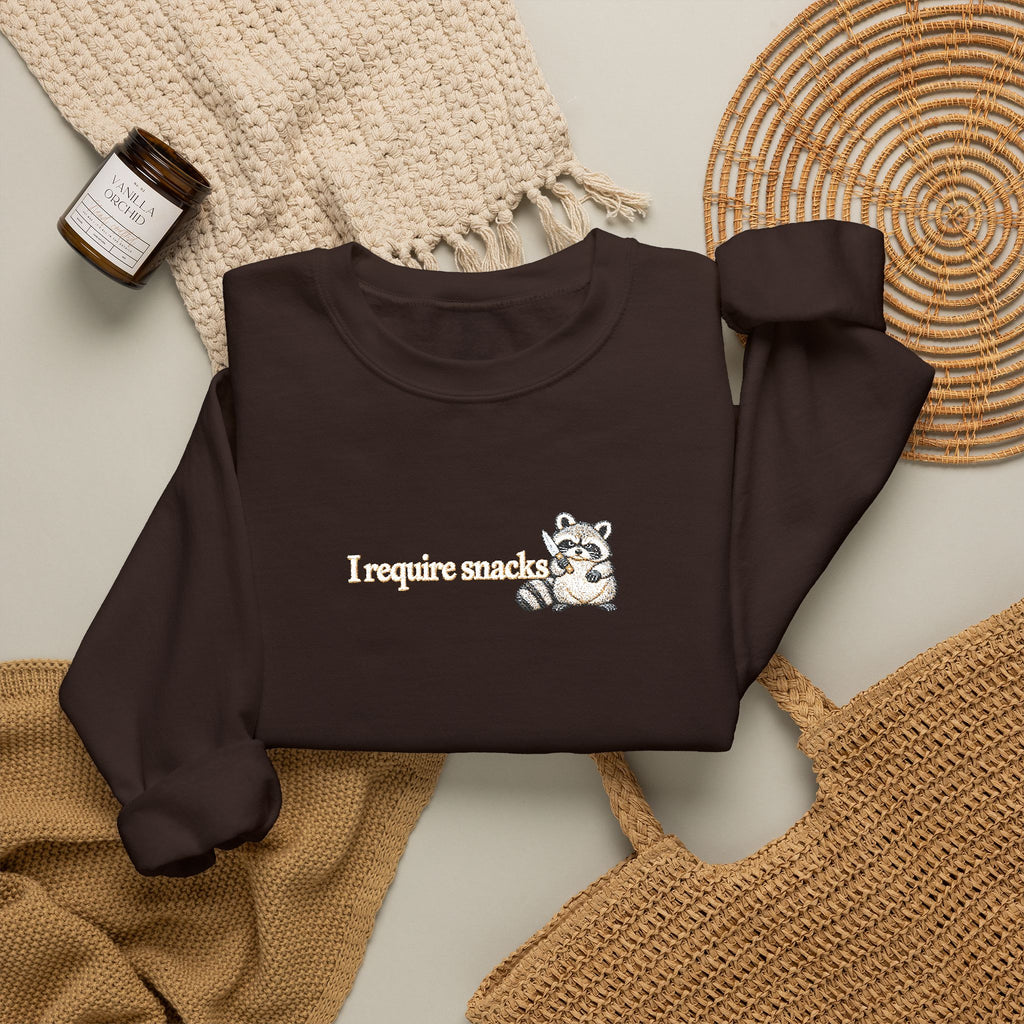 I Require Snacks Embroidered Sweatshirt, Funny Raccoon Sweatshirt, Minimalist Embroidery, Sarcastic Animal Lover Gift, Cozy Crewneck