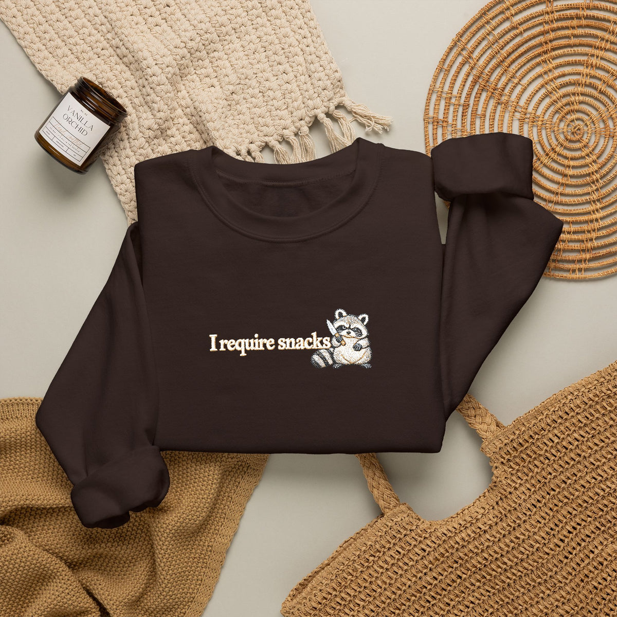 I Require Snacks Embroidered Sweatshirt, Funny Raccoon Sweatshirt, Minimalist Embroidery, Sarcastic Animal Lover Gift, Cozy Crewneck