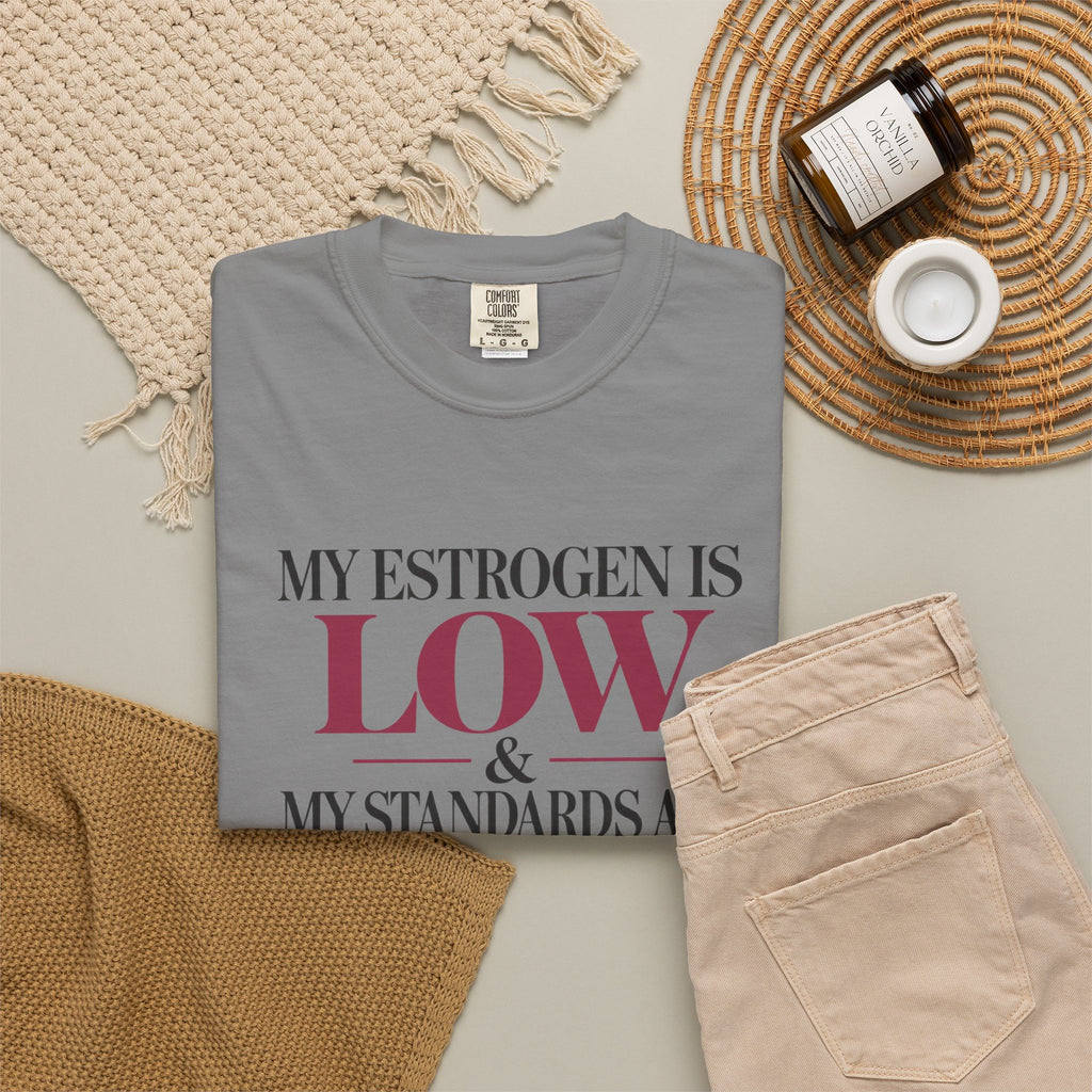 Menopause Shirt My Estrogen Is Low My Standards Are High Tee, Funny Menopause T Shirt, Perimenopause Gift for Women, Hormone Humor Tee