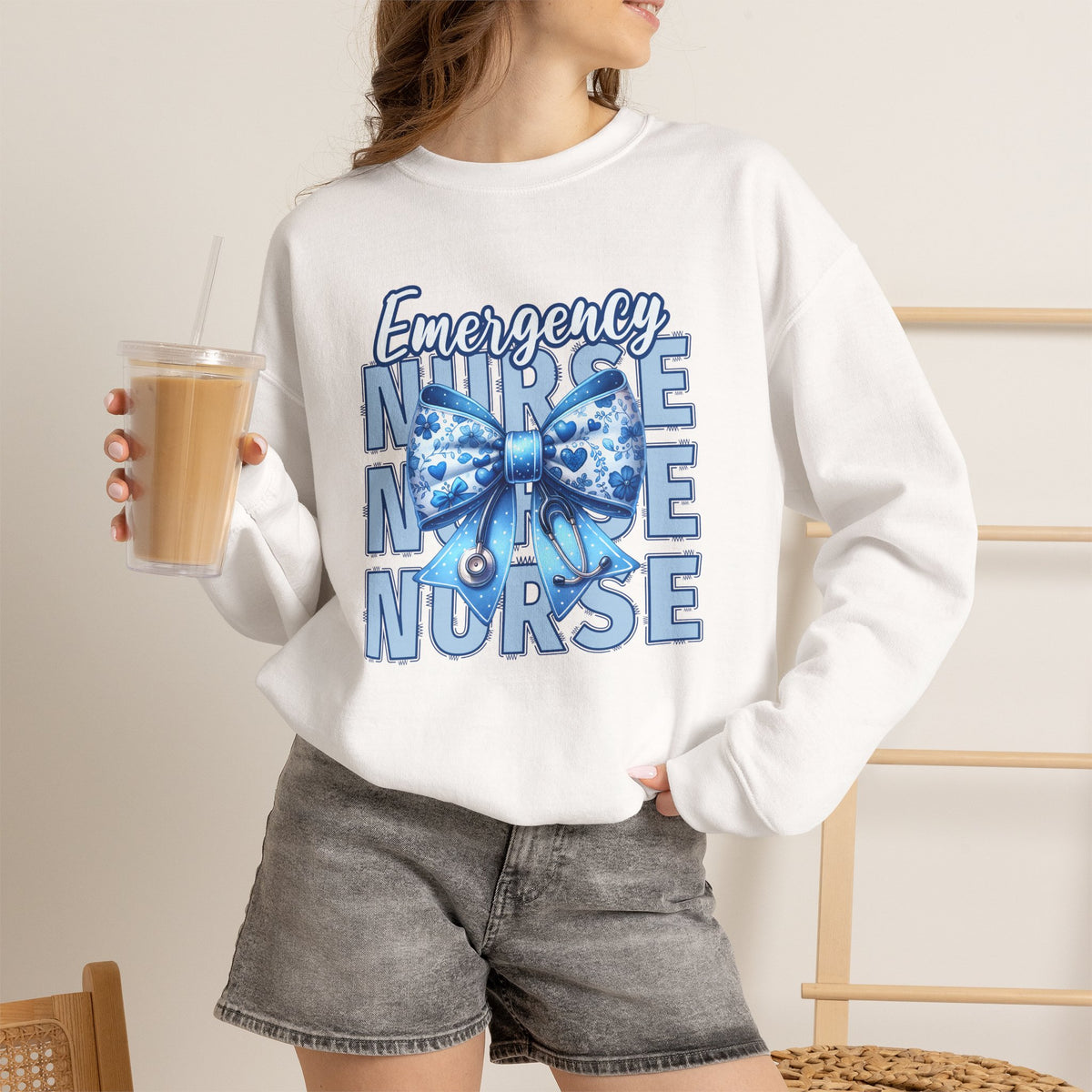 Emergency Nurse Sweatshirt, ER Nurse Blue Bow Shirt, Emergency Room Nurse Gift, RN Sweatshirt, Cute Nurse Apparel, Nursing Gift