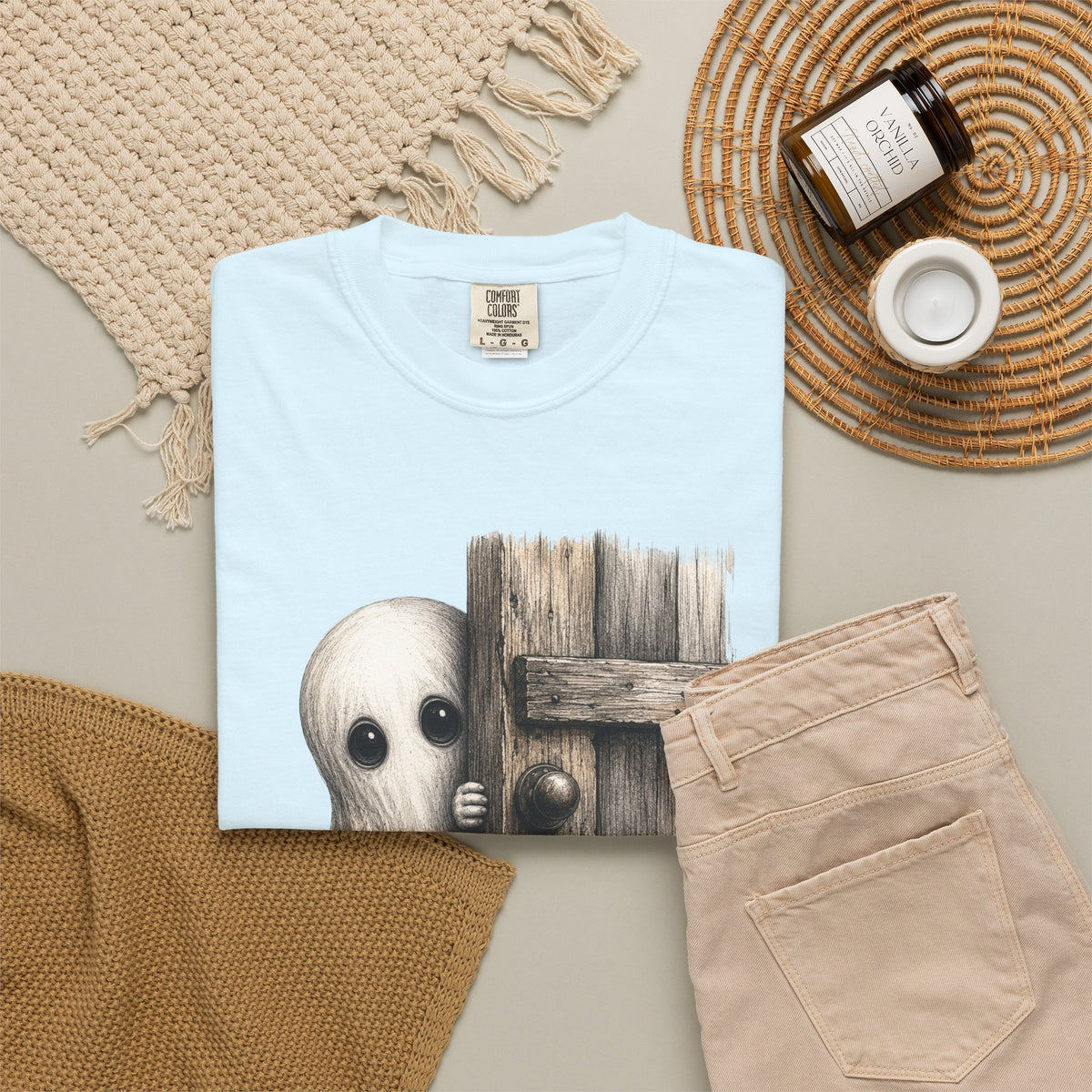 Ghost Peeking Behind Door Tee Shirt Cute Spooky Halloween Tee