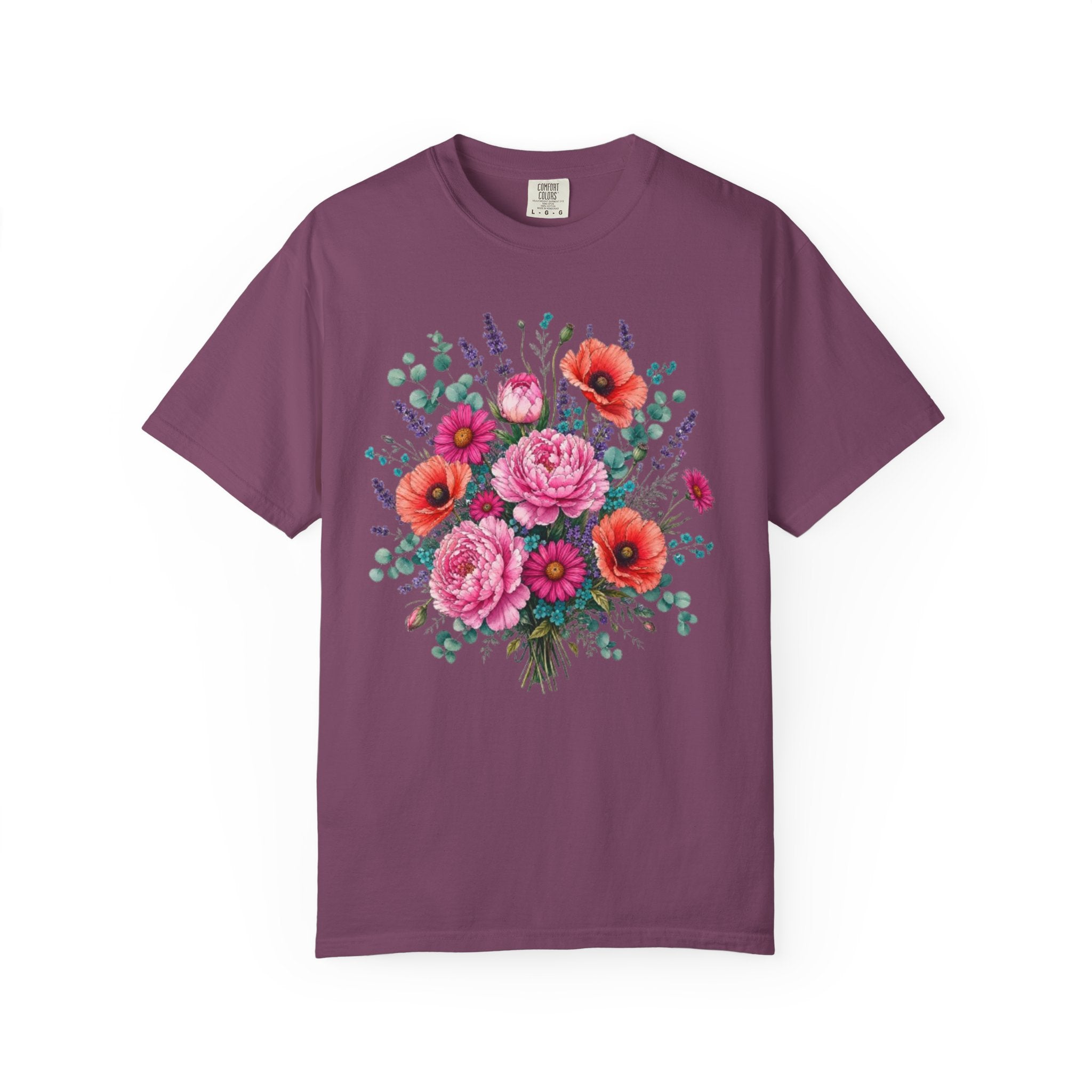 Floral Bouquet T Shirt  Pink Peony and Poppy Garden Tee