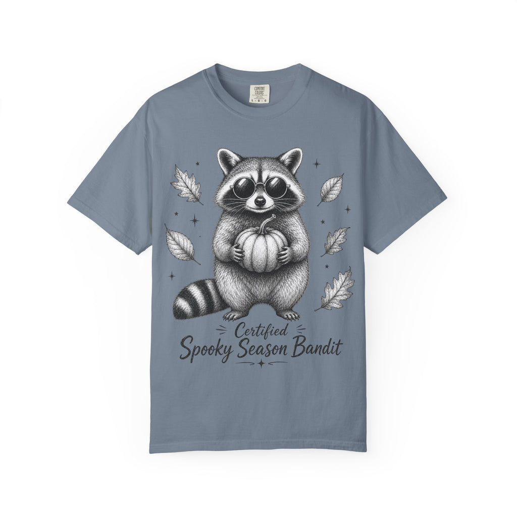 Spooky Season Bandit T Shirt Cute Raccoon Holding Pumpkin Fall Tee