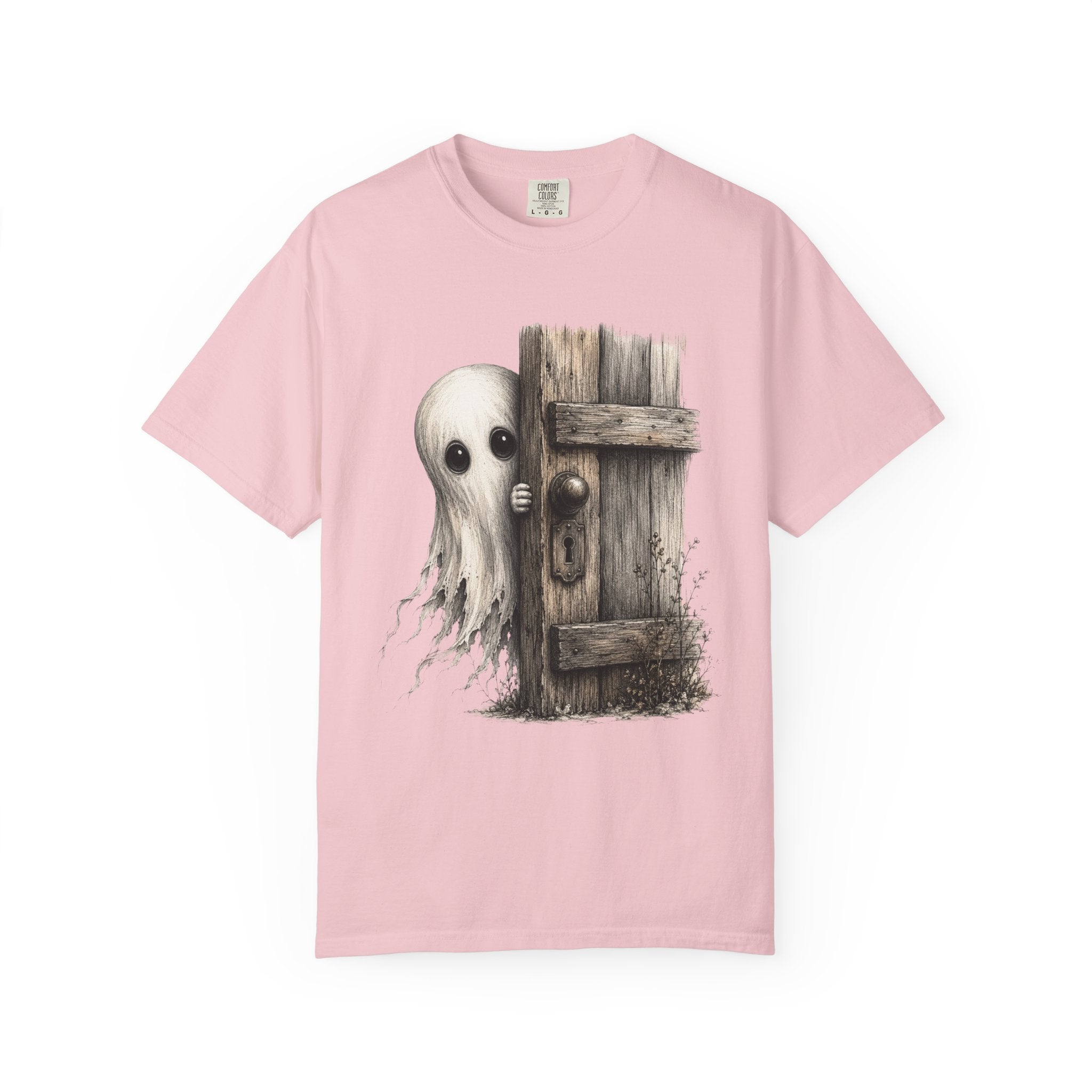 Ghost Peeking Behind Door T Shirt Cute Spooky Halloween Tee