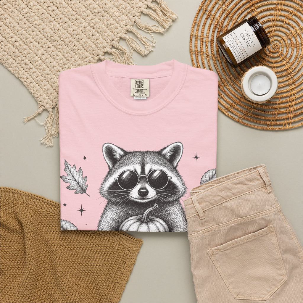 Spooky Season Bandit T Shirt Cute Raccoon Holding Pumpkin Fall Tee