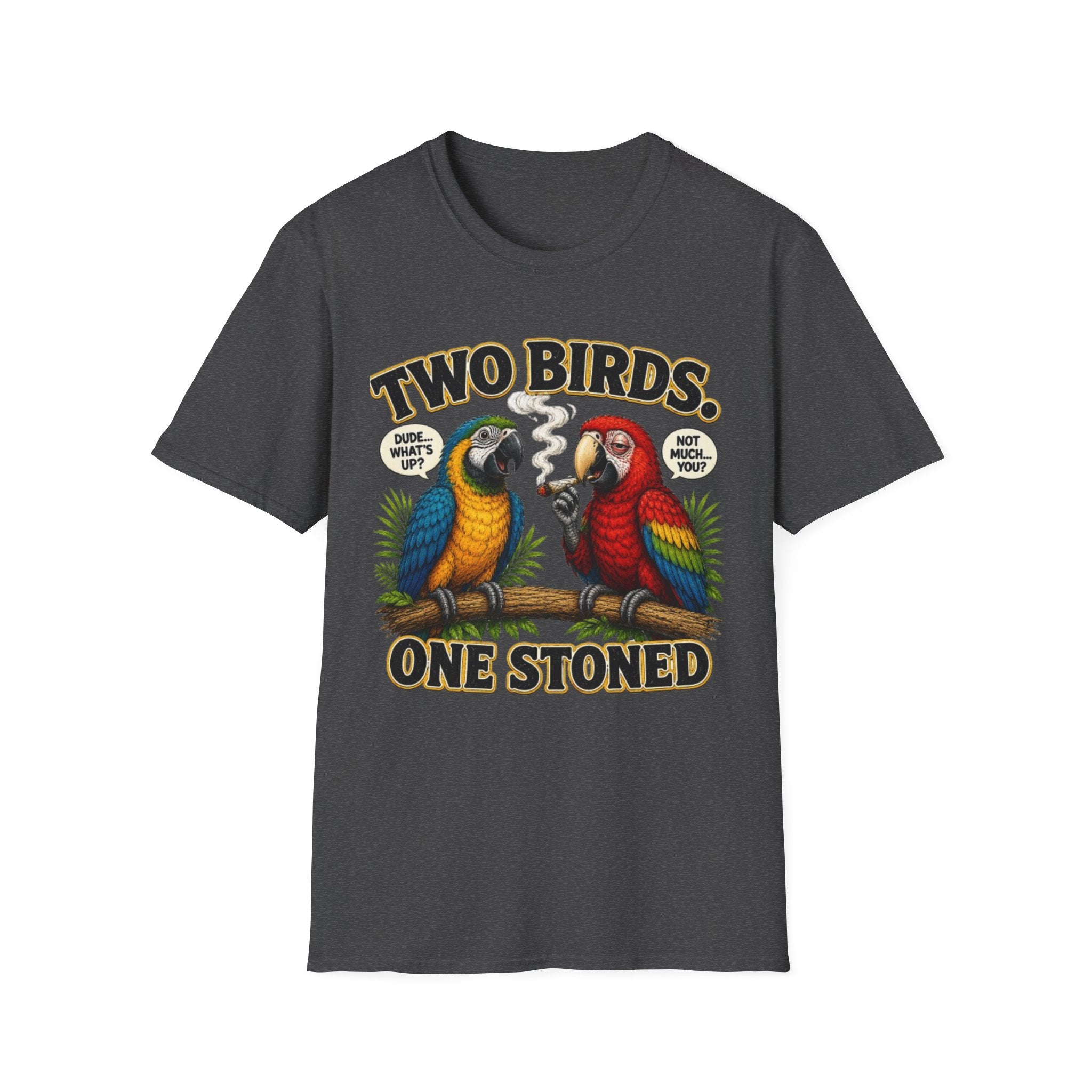 Parrot Graphic Tee Two Birds. One Stoned. Vintage Cannabis Humor T-Shirt