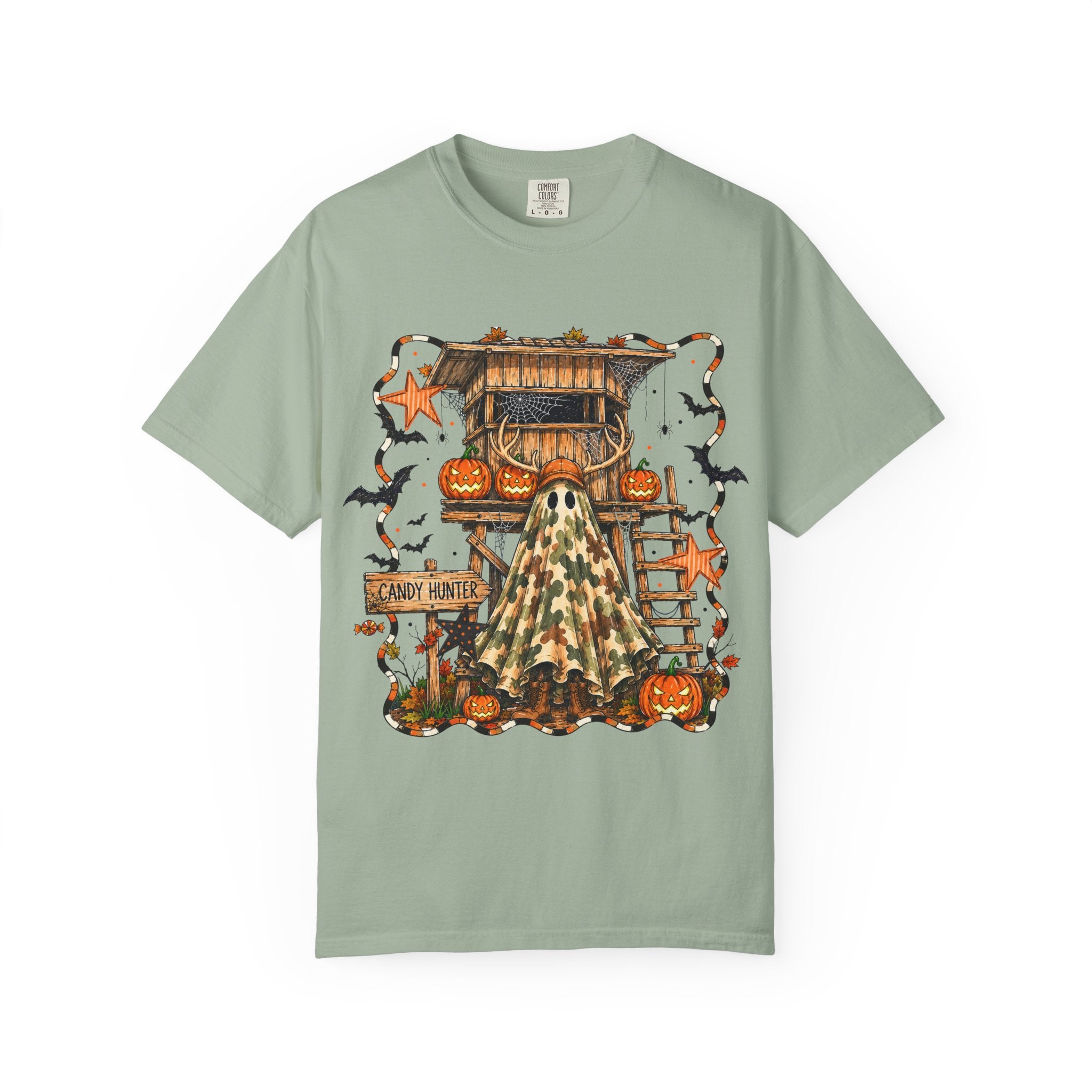 Halloween Ghost Treehouse T-Shirt Front and Back 31 October Camo Pumpkin Tee