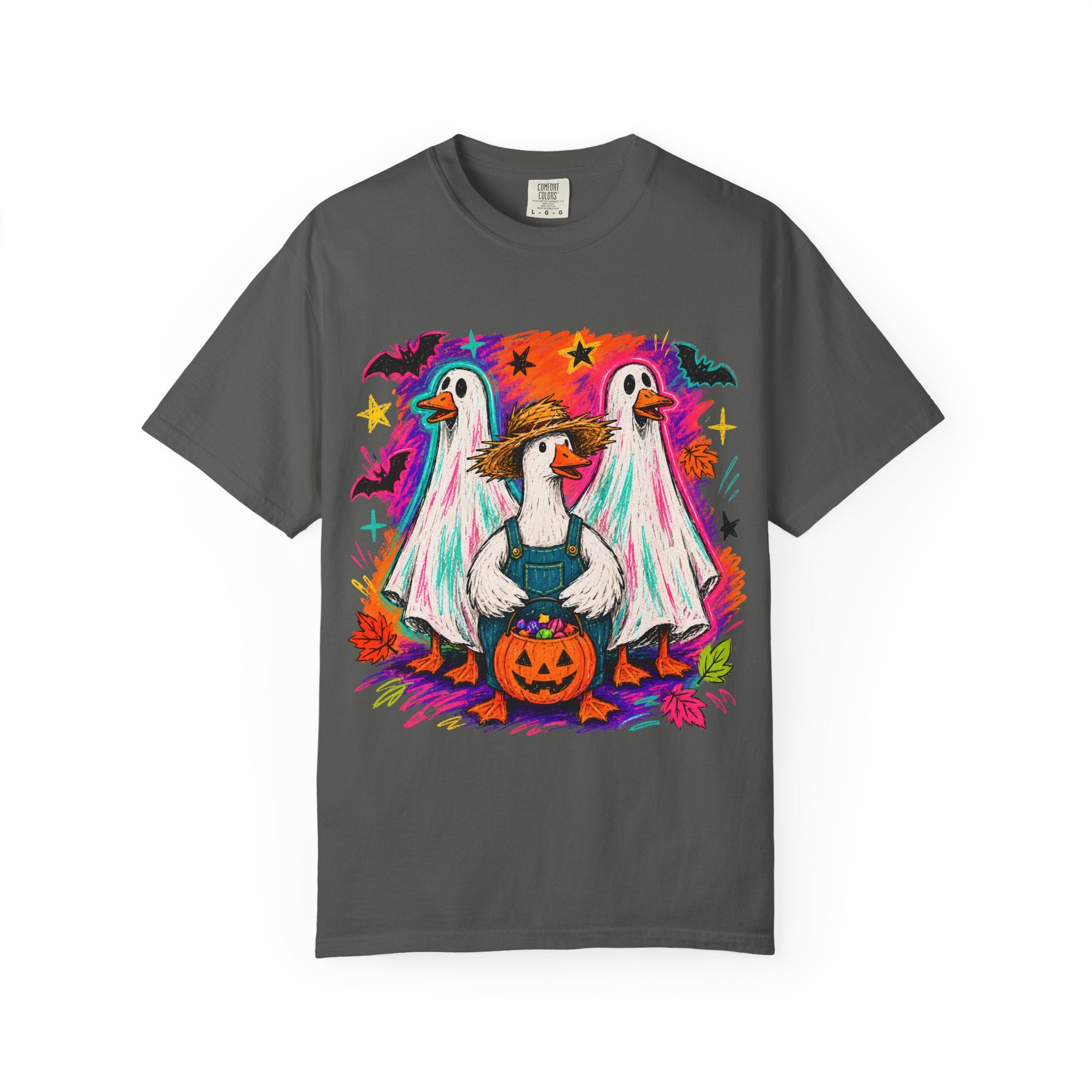 Halloween Goose T Shirt Cute Goose in Ghost Costume with Pumpkin Illustration