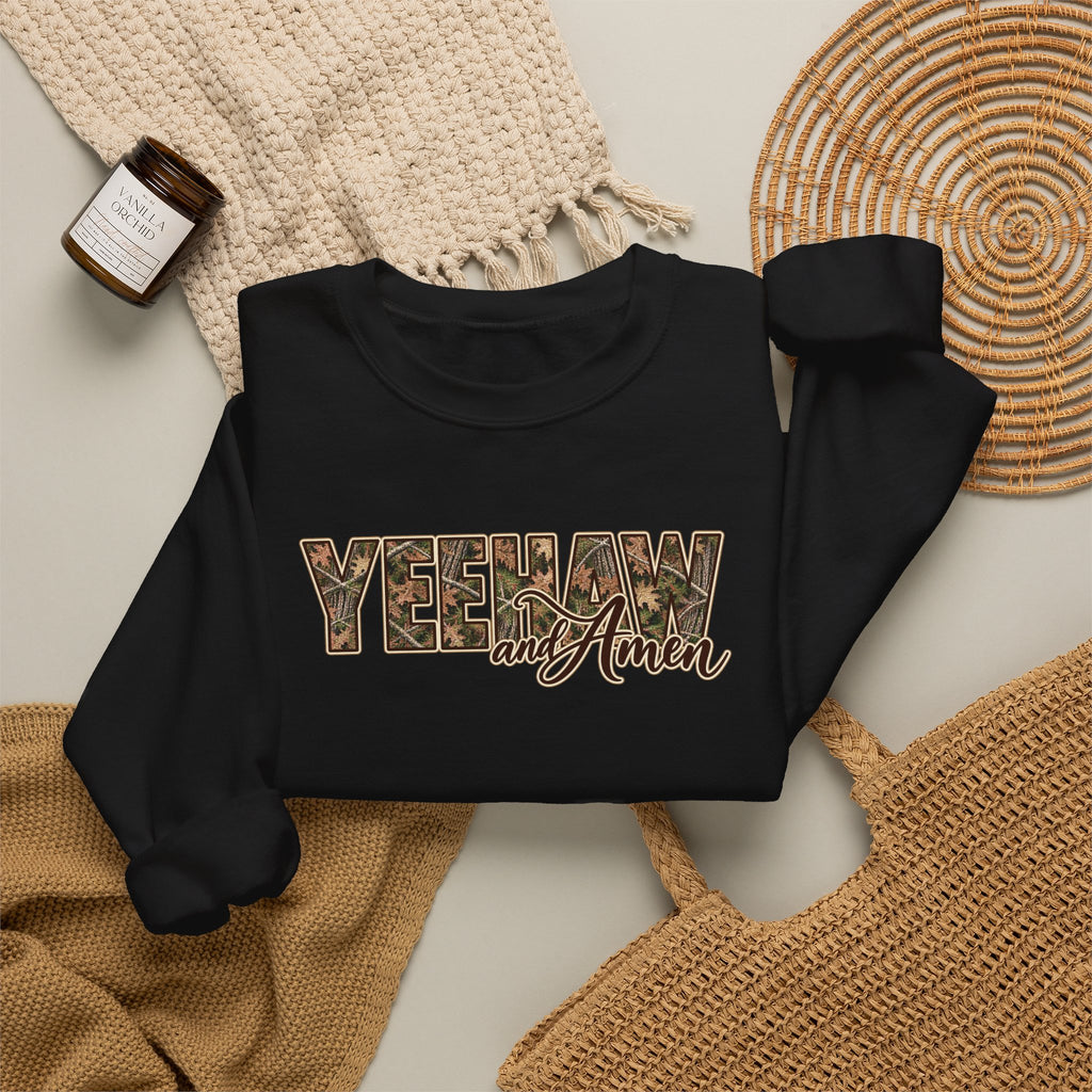 Yeehaw and Amen Camo Sweatshirt, Southern Christian Shirt, Western Cowgirl Sweatshirt, Country Faith Gift, Rustic Graphic Tee