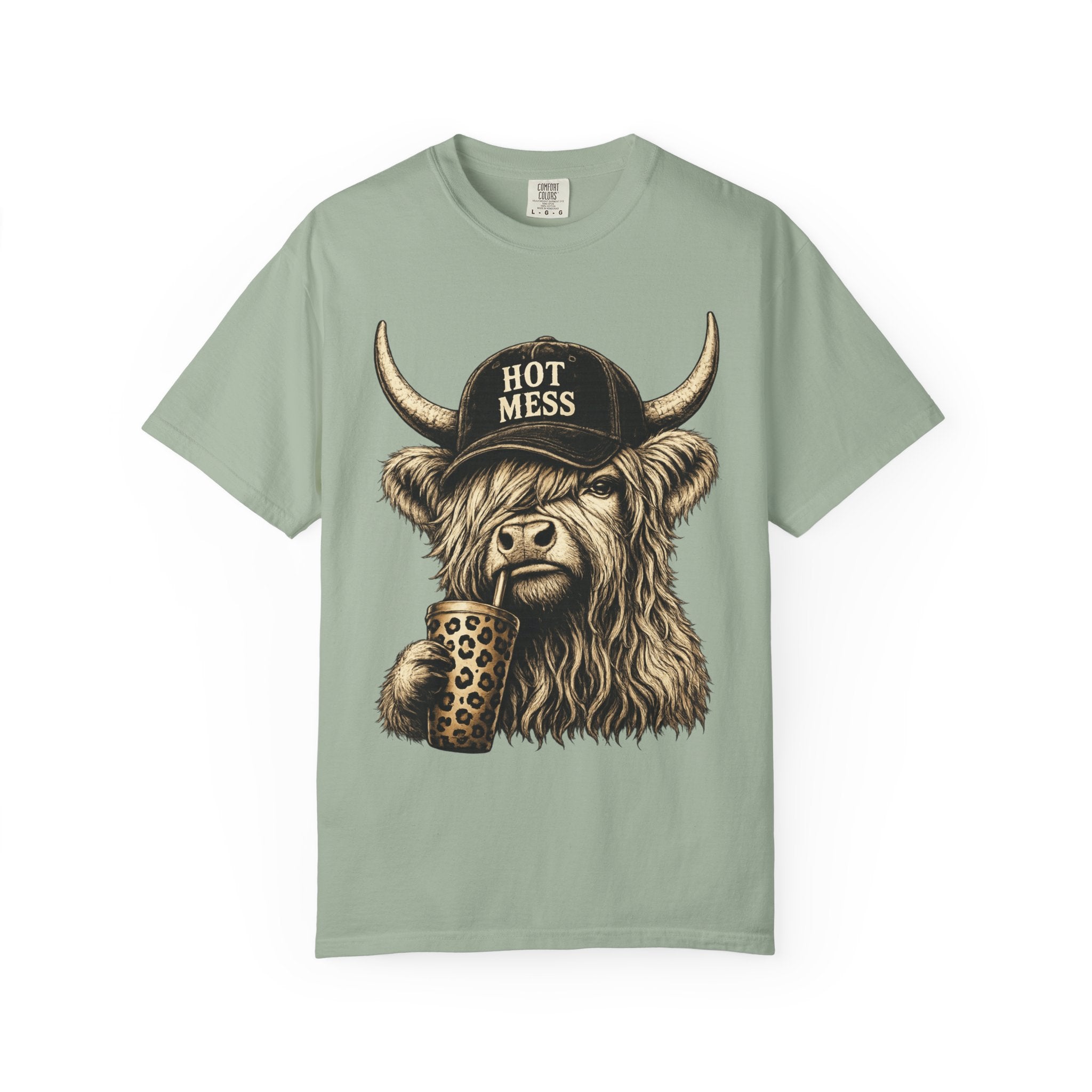 Hot Mess Highland Cow T Shirt Funny Cow with Coffee Graphic