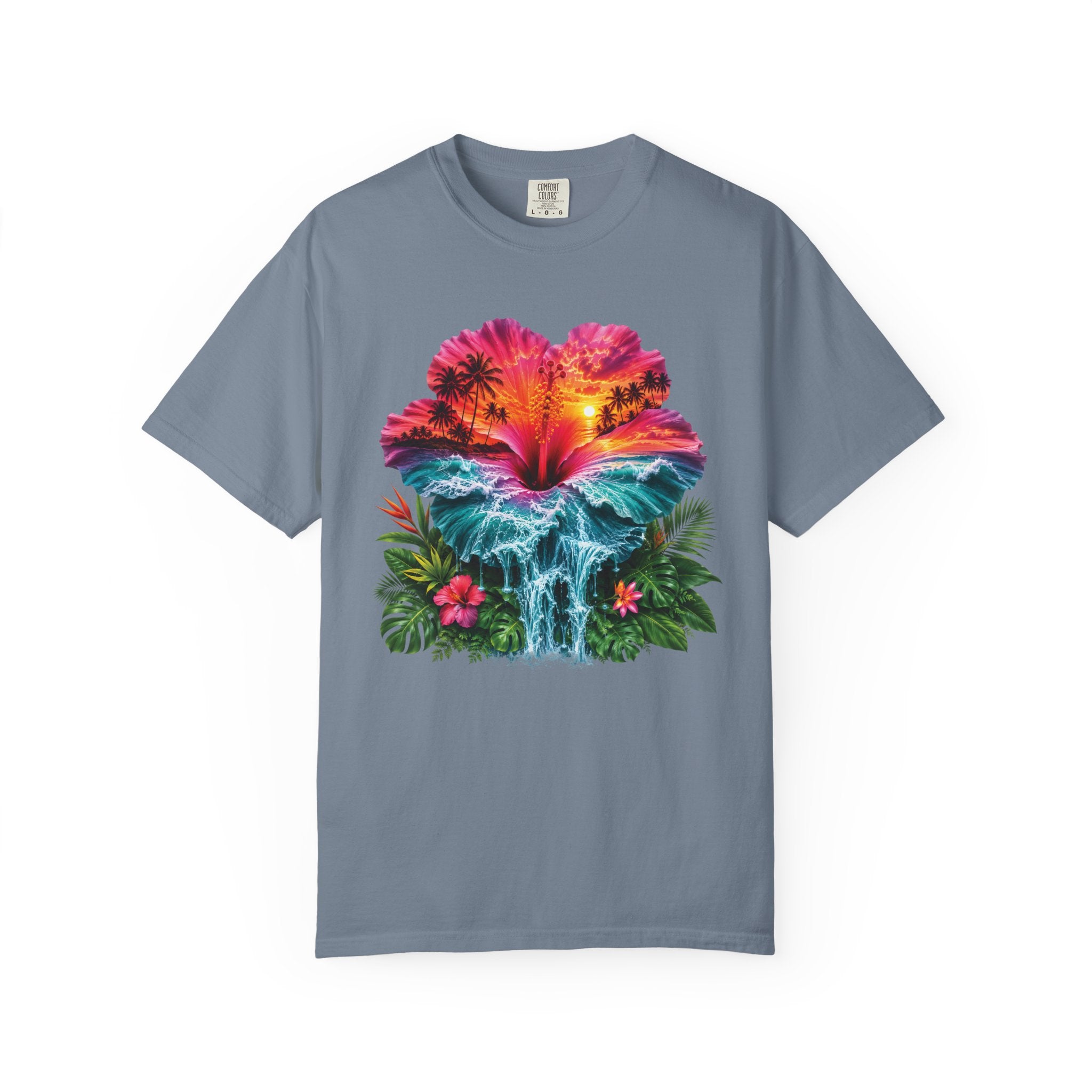 T Shirt Tropical Hibiscus Waterfall Sunset Graphic Tee