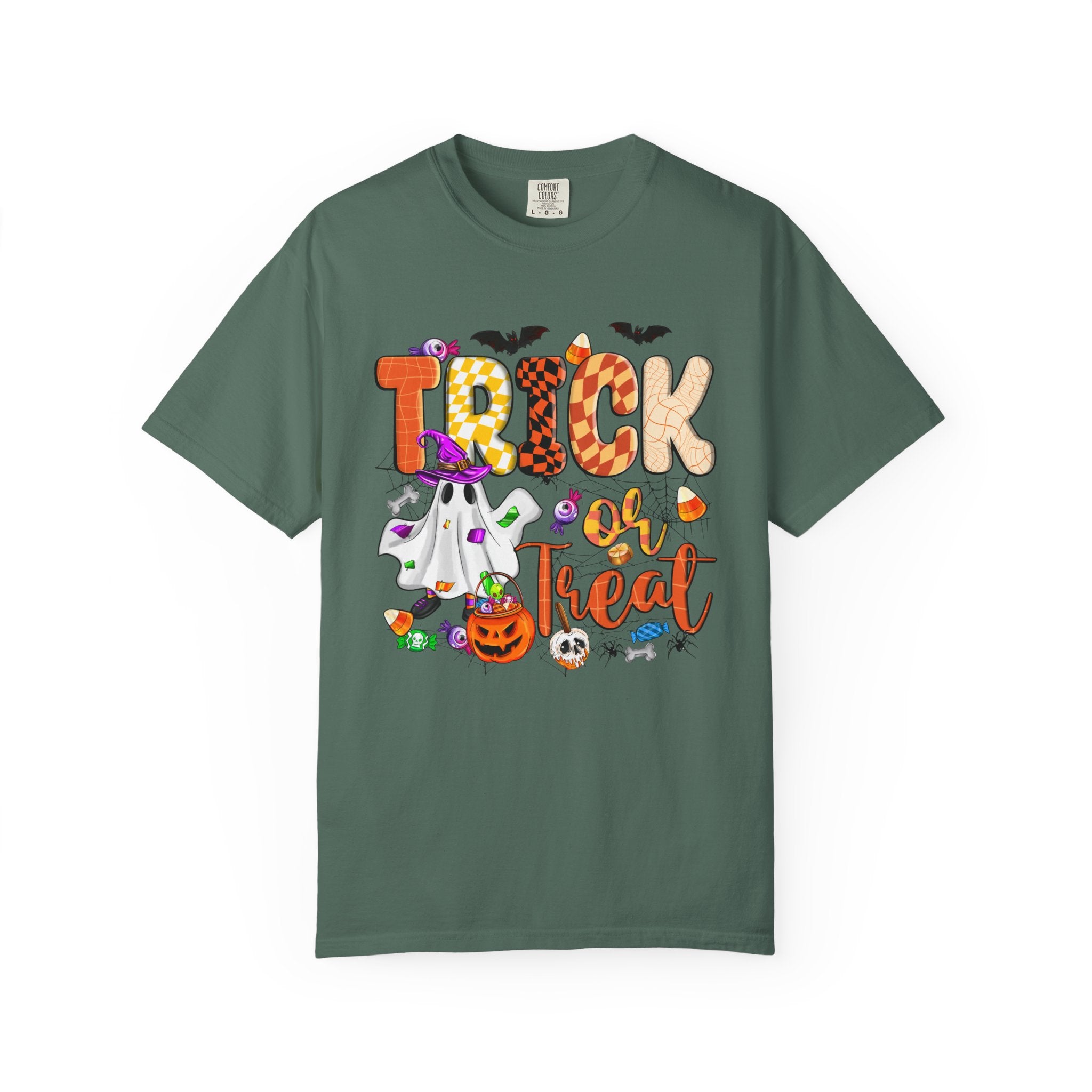Trick or Treat Halloween T Shirt Cute Ghost Pumpkin and Candy Graphic Tee