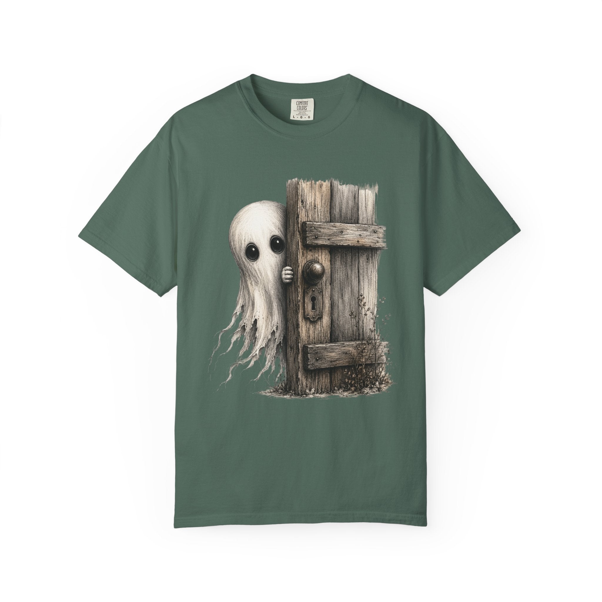 Ghost Peeking Behind Door T Shirt Cute Spooky Halloween Tee
