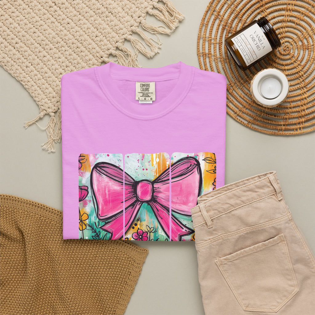 Pink Bow Floral Illustration Tee Shirt | She is Worthy Proverbs 31 Christian Tee