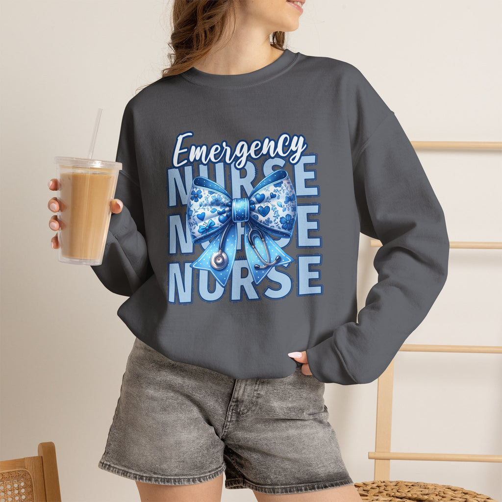 Emergency Nurse Sweatshirt, ER Nurse Blue Bow Shirt, Emergency Room Nurse Gift, RN Sweatshirt, Cute Nurse Apparel, Nursing Gift