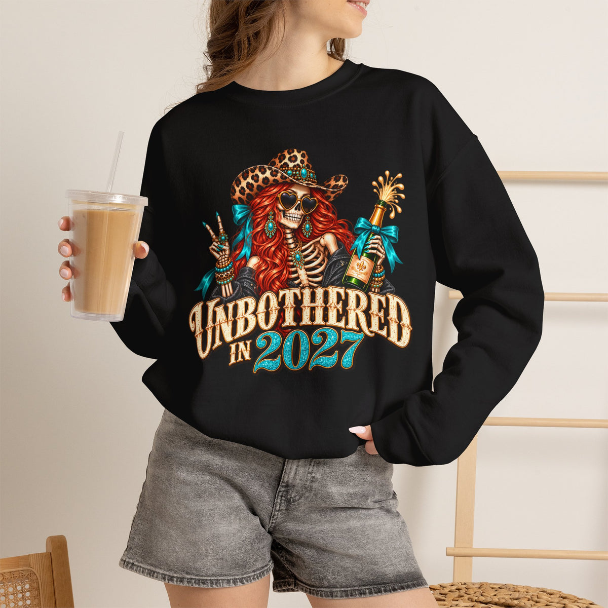 Unbothered in 2027 Sweatshirt, Funny New Years Shirt, Western Cowgirl Skeleton Crewneck, Sassy New Year Outfit, Leopard Print Gift