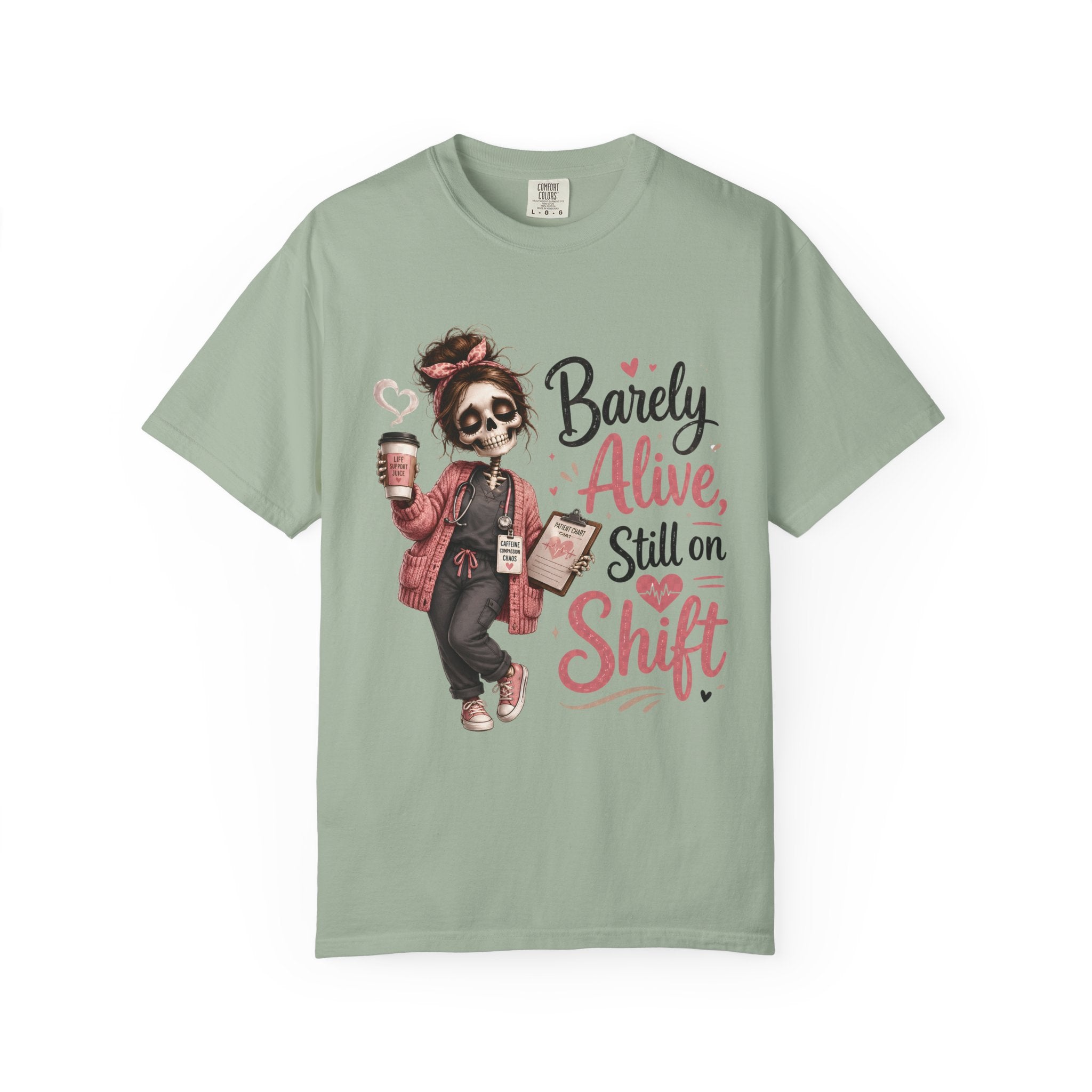 T Shirt Barely Alive Still on Shift Skeleton Barista Graphic Tee