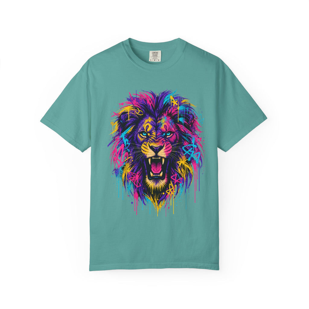 Colorful Roaring Lion T Shirt Vibrant Neon Animal Graphic Tee