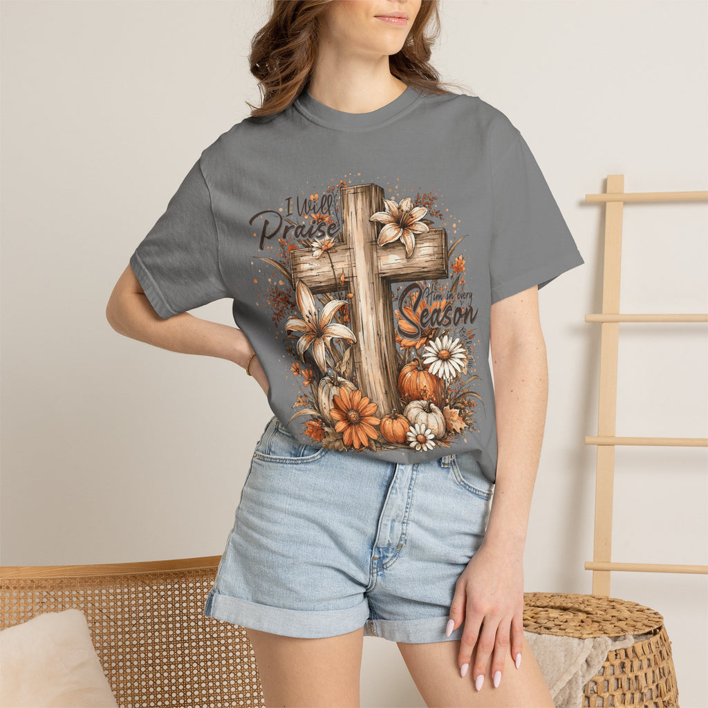 Tee Shirt I Will Praise Every Season Cross with Fall Pumpkins and Flowers