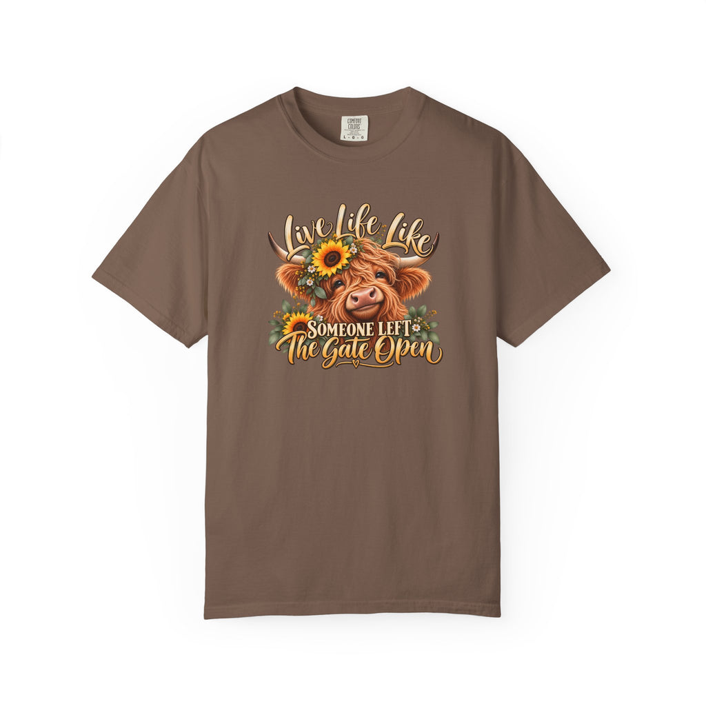 Live Life Like Someone Left the Gate Open Cow T Shirt Sunflower Highland Cattle Tee
