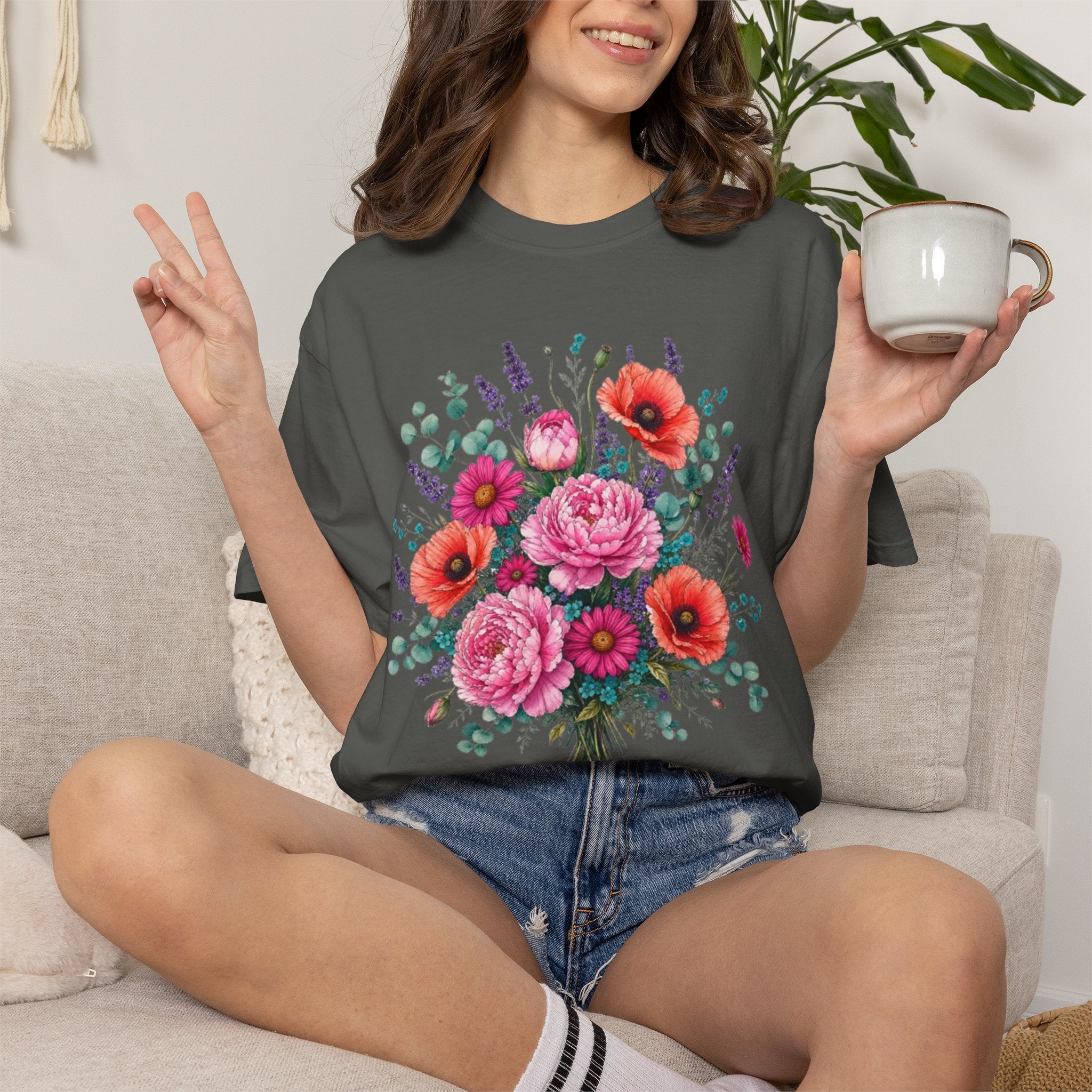 Floral Bouquet T Shirt  Pink Peony and Poppy Garden Tee