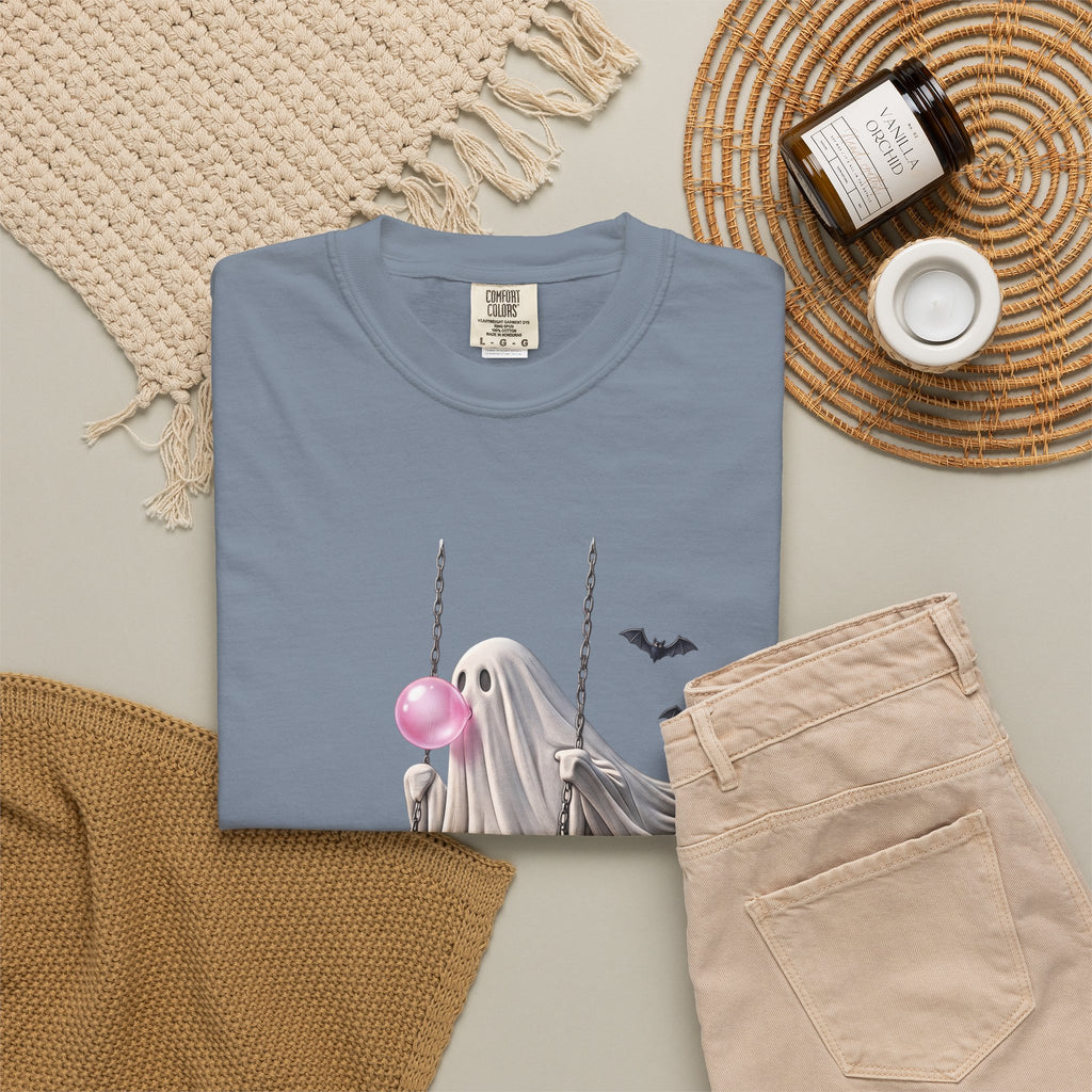 Ghost on Swing Tee Shirt | Cute Halloween Ghost Blowing Bubblegum, Bats