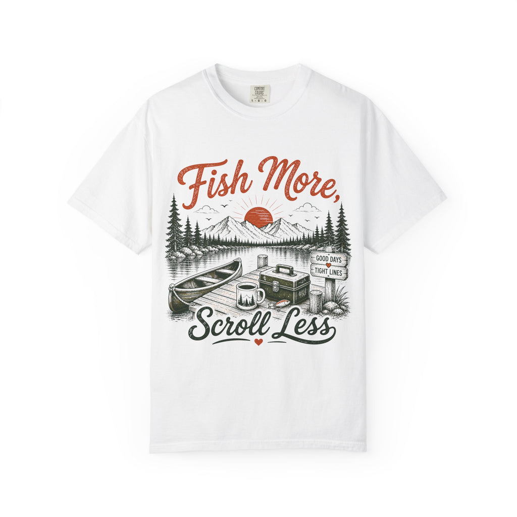 Fish More Scroll Less T Shirt Vintage Fishing Cabin Graphic Tee