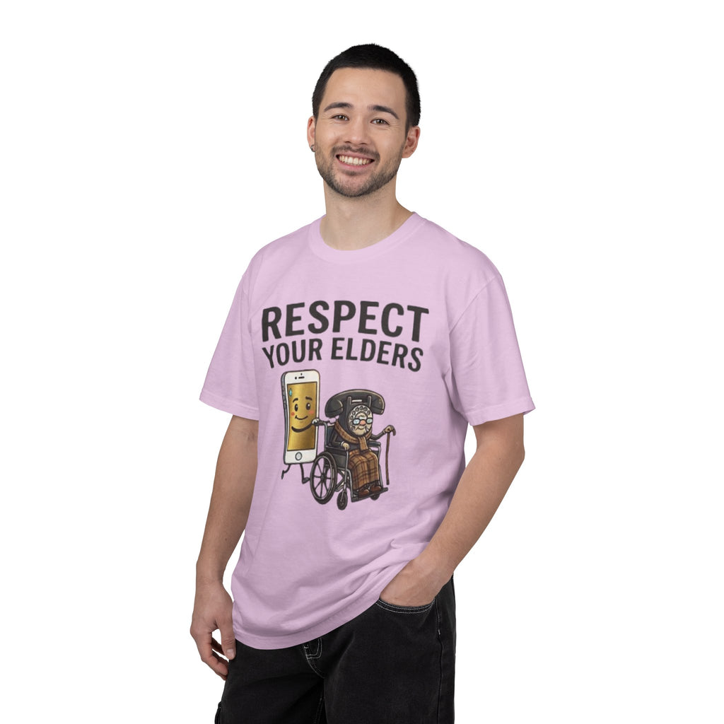 Respect Your Elders T-Shirt  Funny Retro Phone and Wheelchair Graphic Tee