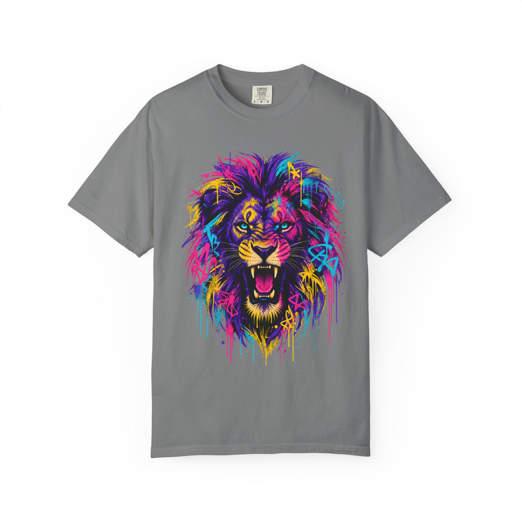 Colorful Roaring Lion T Shirt Vibrant Neon Animal Graphic Tee