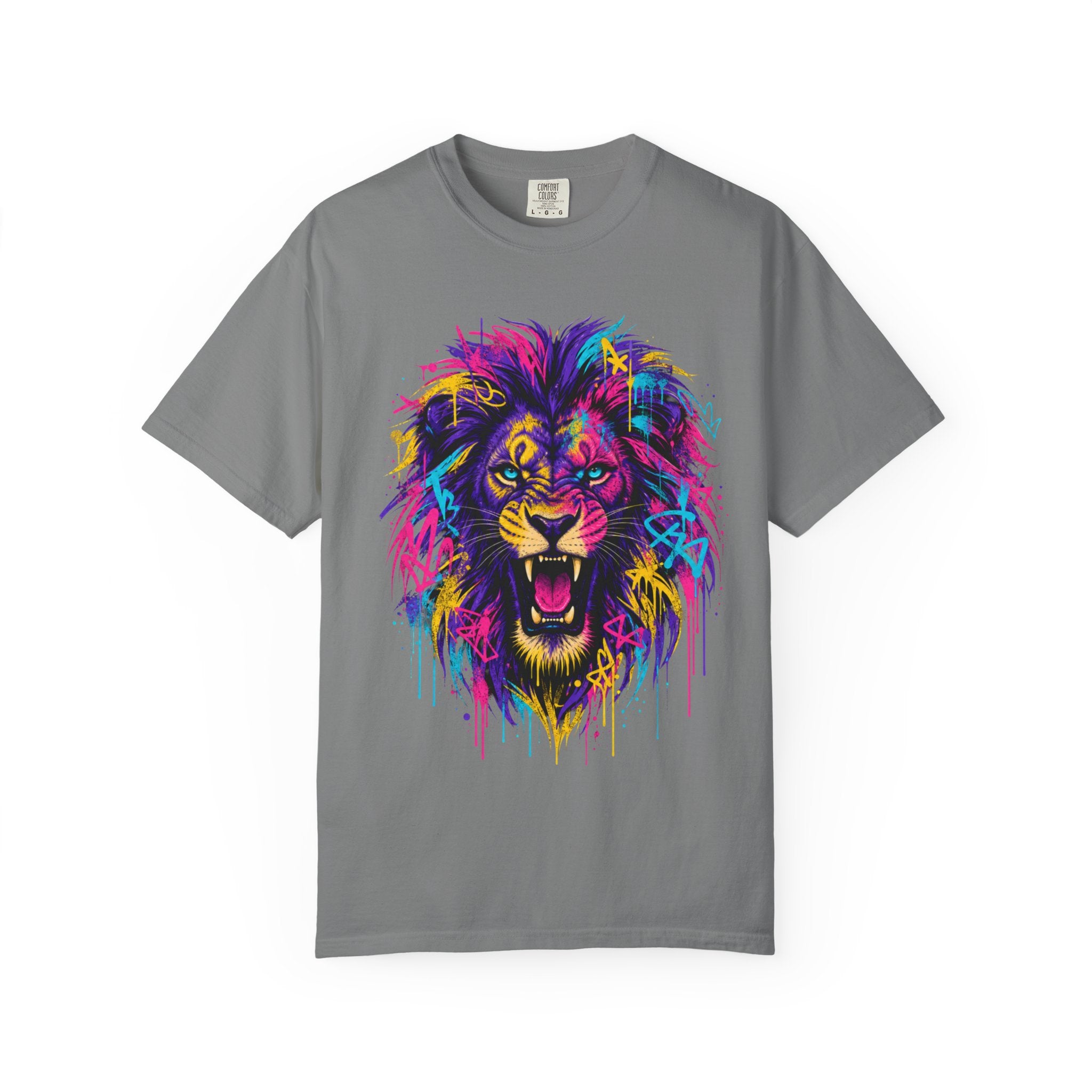 Colorful Roaring Lion T Shirt Vibrant Neon Animal Graphic Tee