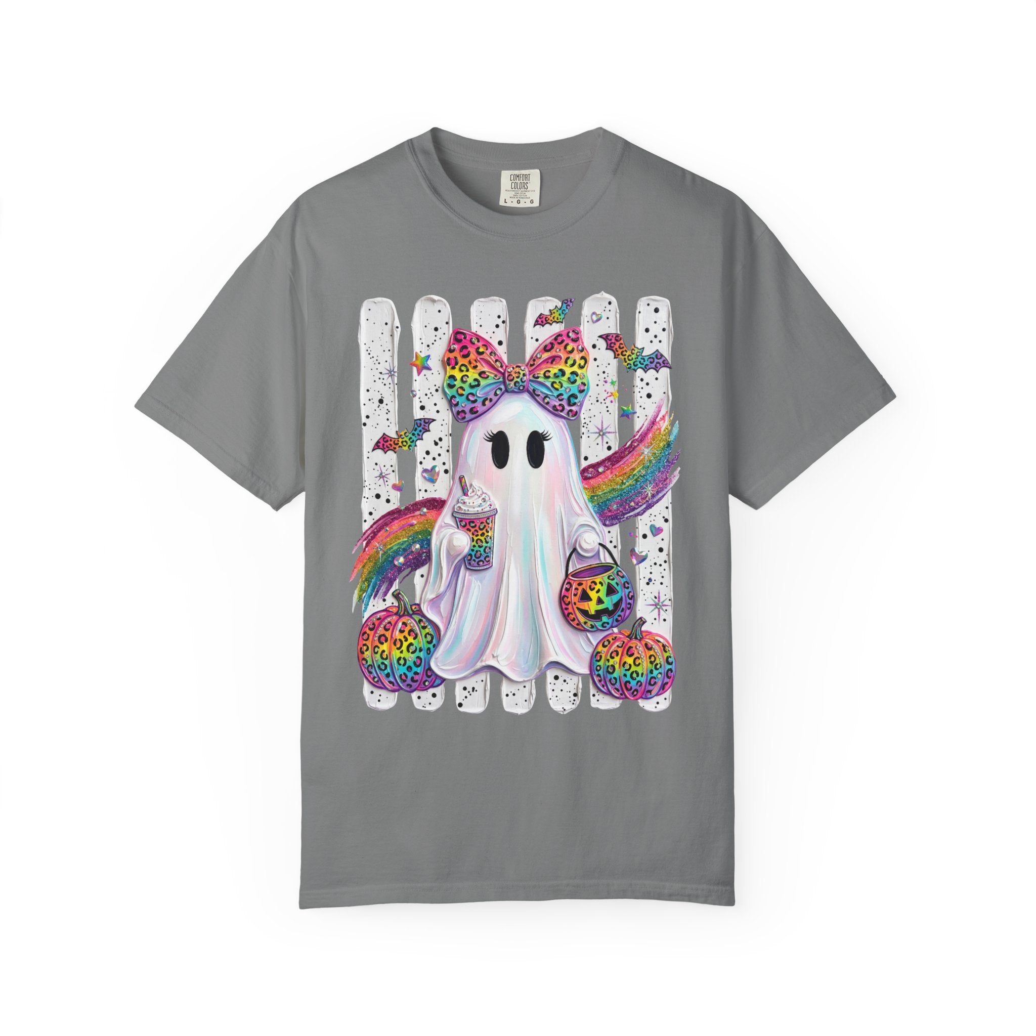 Halloween Rainbow Ghost T Shirt Cute Glittery Ghost with Rainbow Bow and Pumpkins