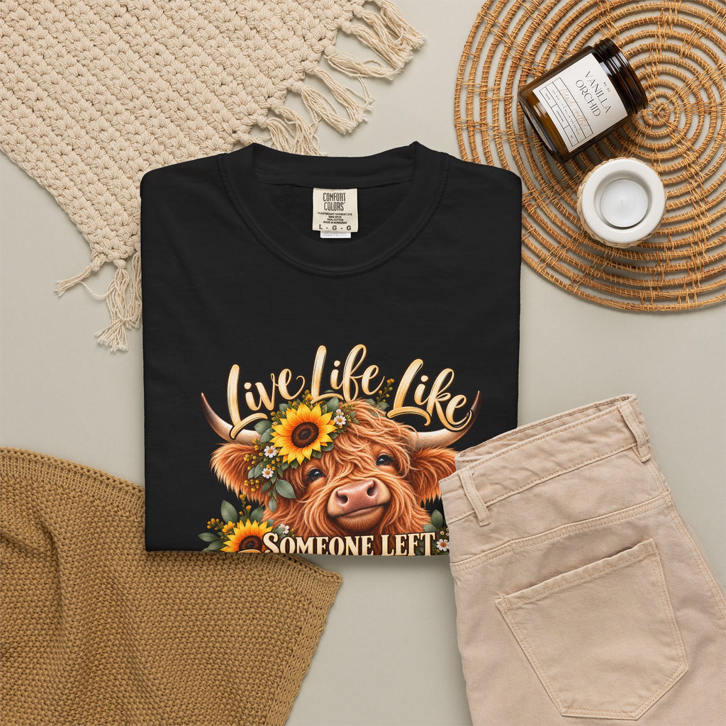 Live Life Like Someone Left the Gate Open Cow T Shirt Sunflower Highland Cattle Tee