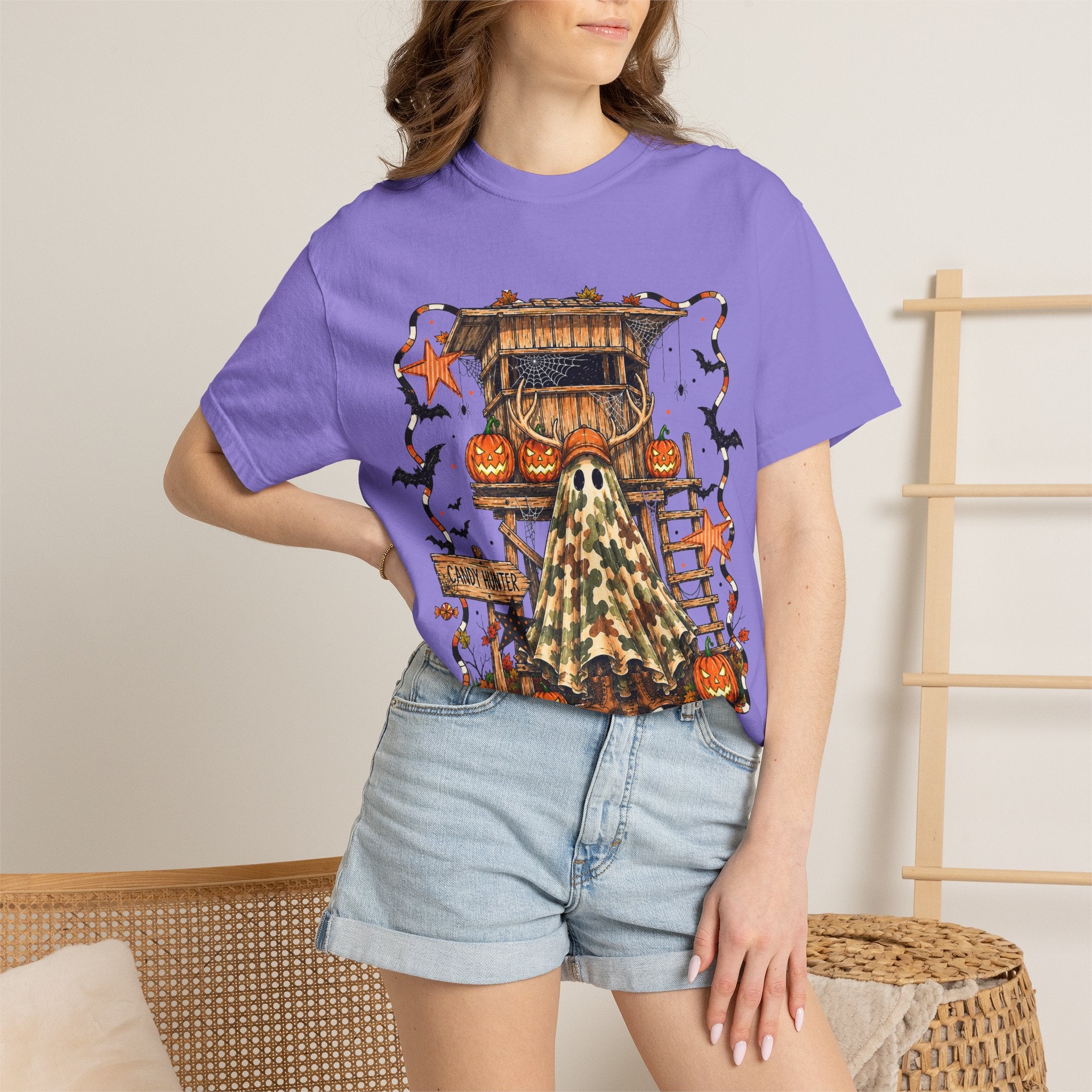 Halloween Ghost Treehouse T-Shirt Front and Back 31 October Camo Pumpkin Tee