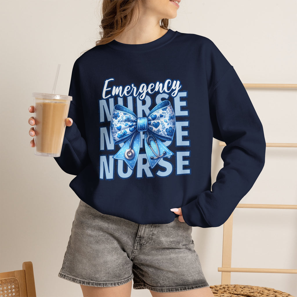 Emergency Nurse Sweatshirt, ER Nurse Blue Bow Shirt, Emergency Room Nurse Gift, RN Sweatshirt, Cute Nurse Apparel, Nursing Gift