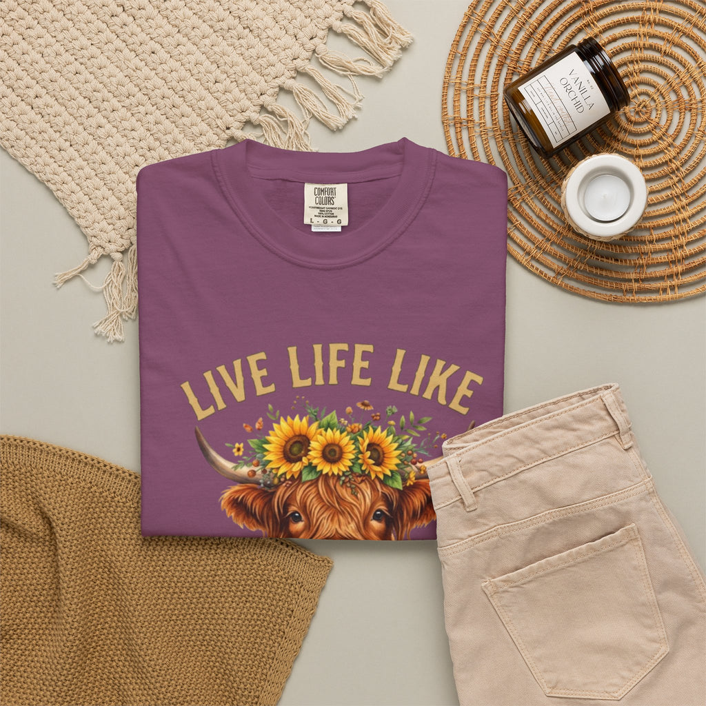 Live Life Like Someone Left the Gate Open Cow Tee Shirt Sunflower Highland Cattle Tee