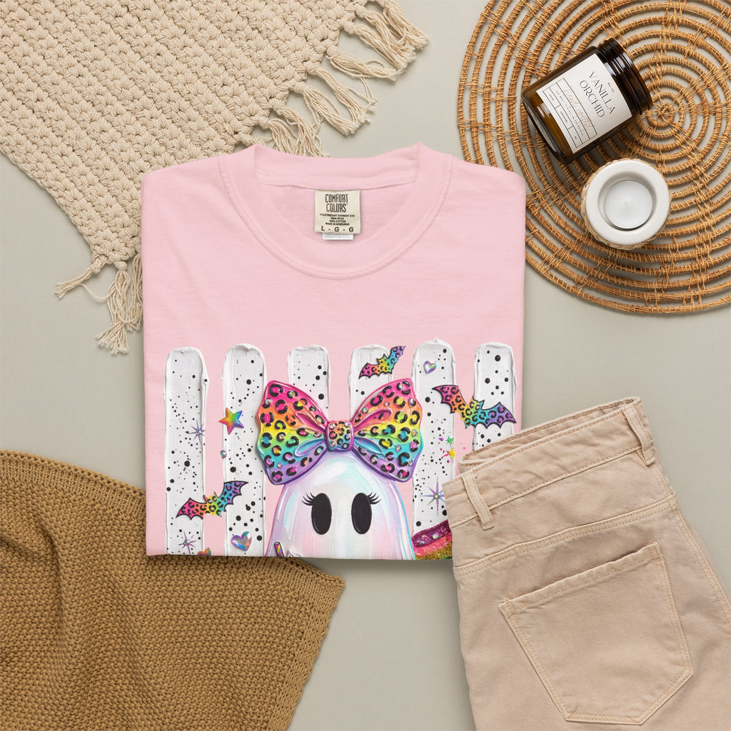 Halloween Rainbow Ghost T Shirt Cute Glittery Ghost with Rainbow Bow and Pumpkins