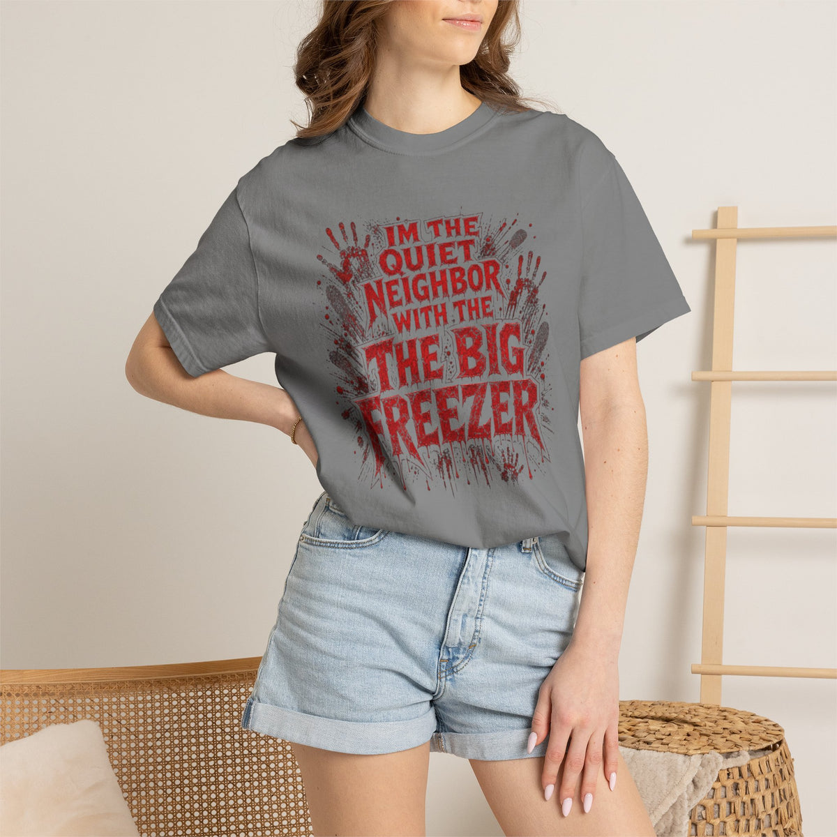 Graphic Tee Shirt Im the Quiet Neighbor with the Big Freezer Horror Handprint Tee