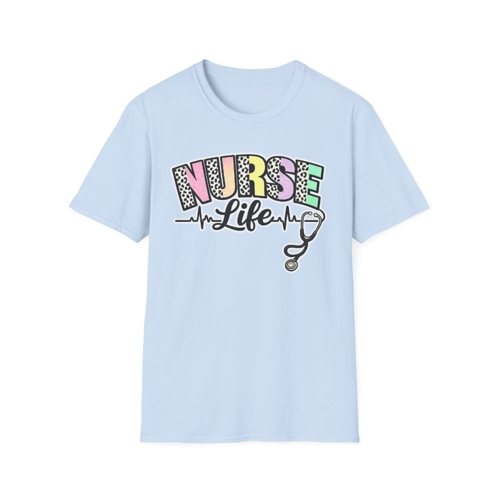Nurse Life Graphic T-Shirt Pastel Leopard Scrubs Design with Stethoscope