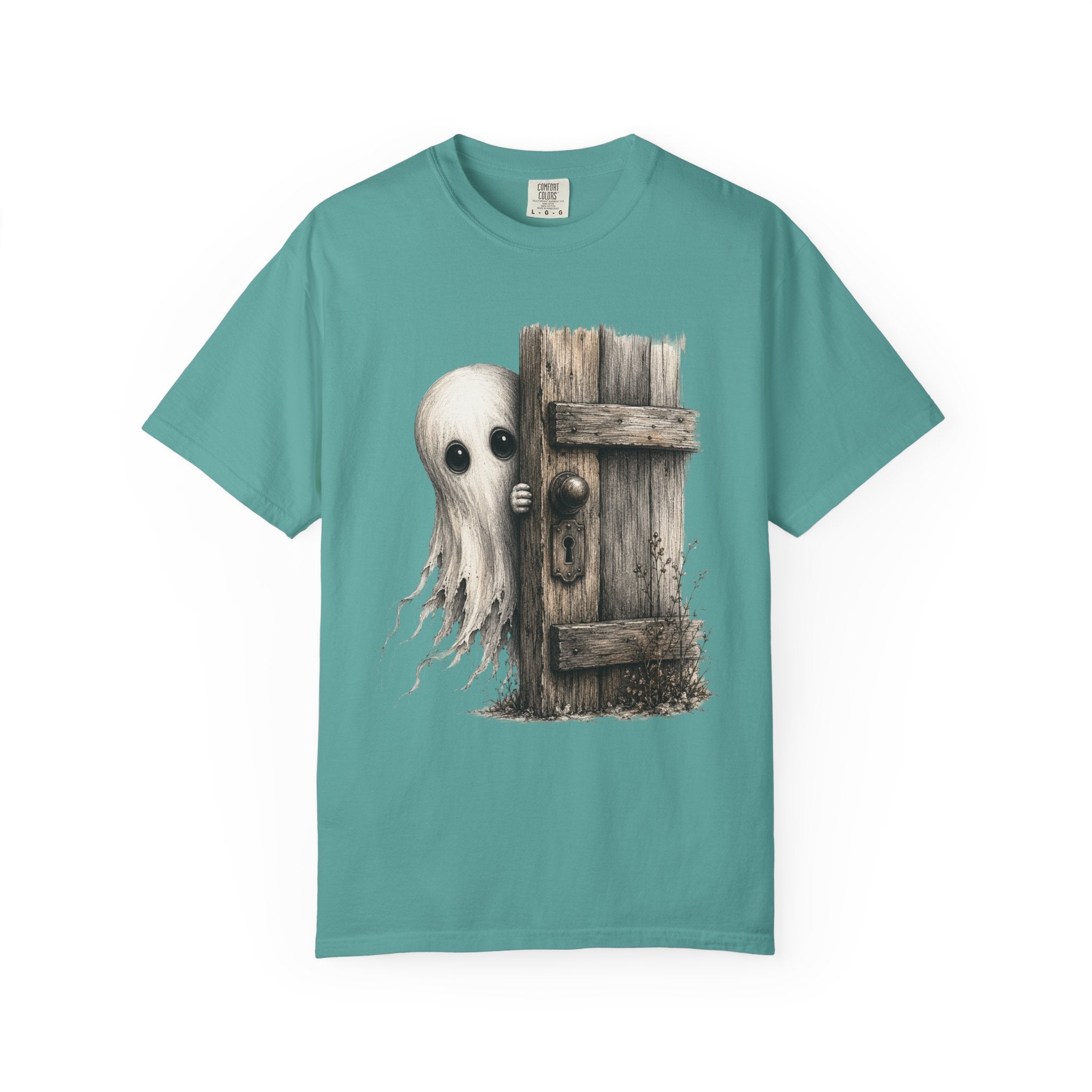 Ghost Peeking Behind Door T Shirt Cute Spooky Halloween Tee