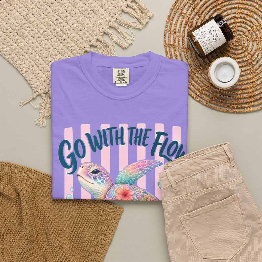 T-Shirt Go With The Flow Floral Sea Turtle Graphic Tee