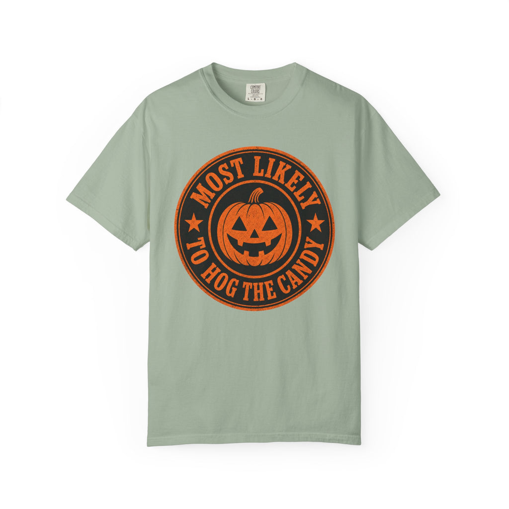 Most Likely to Hog the Candy Halloween T Shirt Jack-O Lantern Pumpkin Graphic Tee