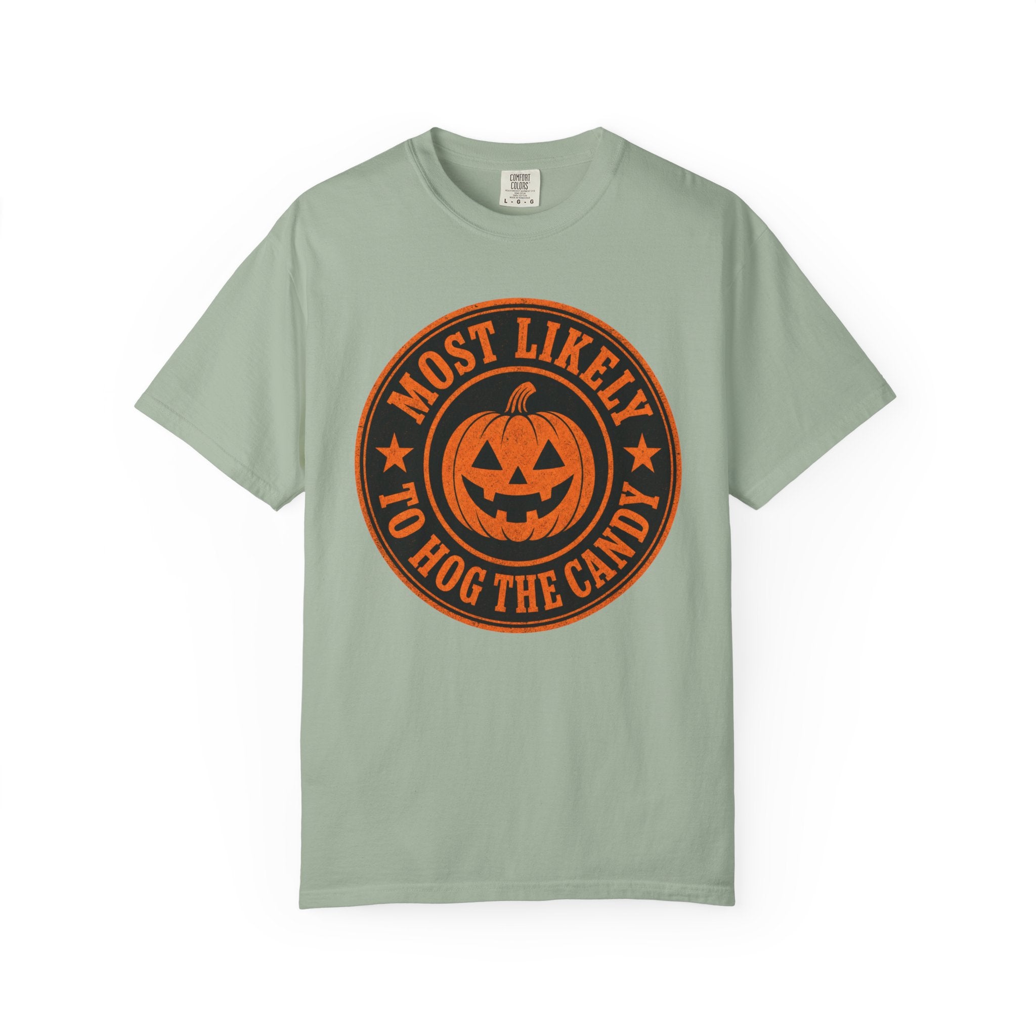 Most Likely to Hog the Candy Halloween T Shirt Jack-O Lantern Pumpkin Graphic Tee