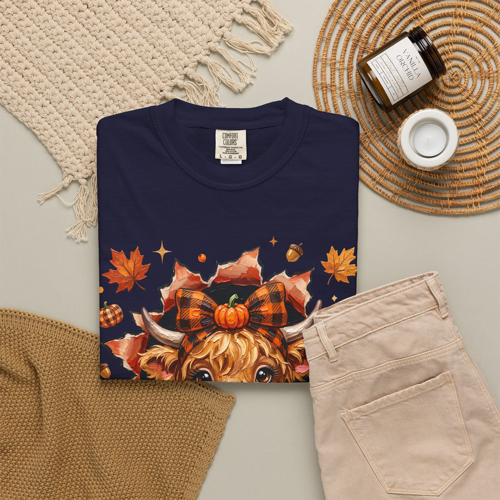 Highland Cow Autumn Tee Shirt Cute Fall Plaid Calf Design