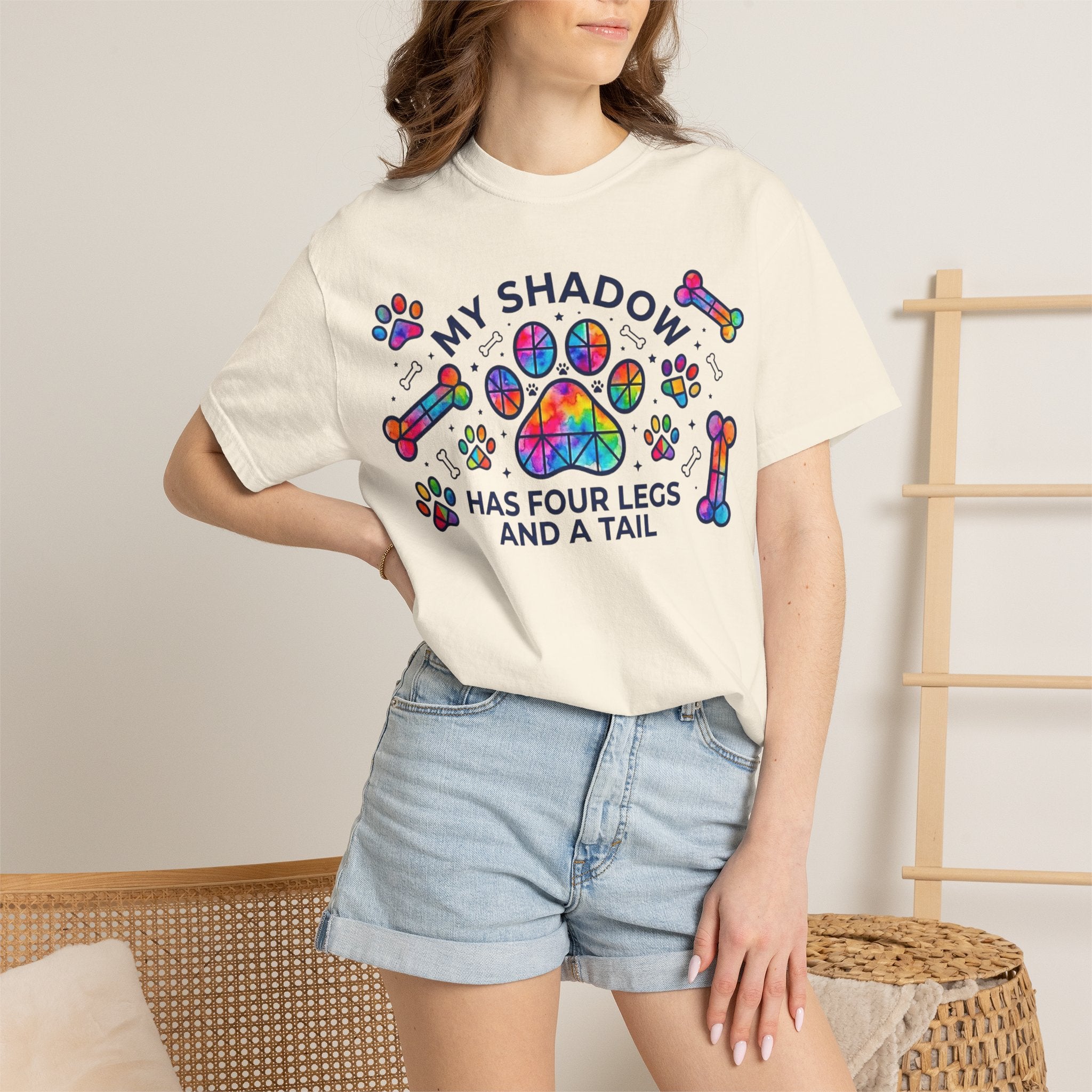 My Shadow Has Four Legs And A Tail T-Shirt Colorful Paw Print Dog Lover Tee