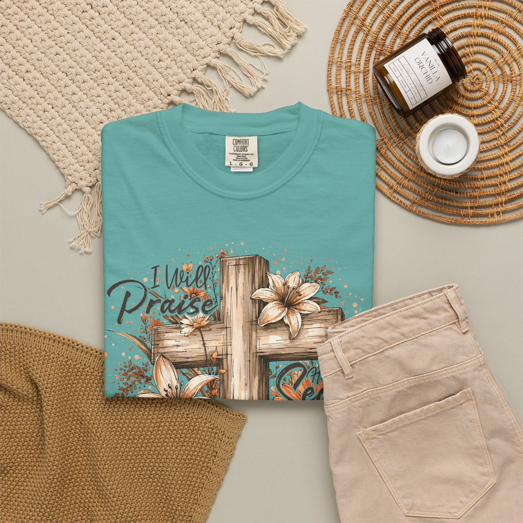 Tee Shirt I Will Praise Every Season Cross with Fall Pumpkins and Flowers
