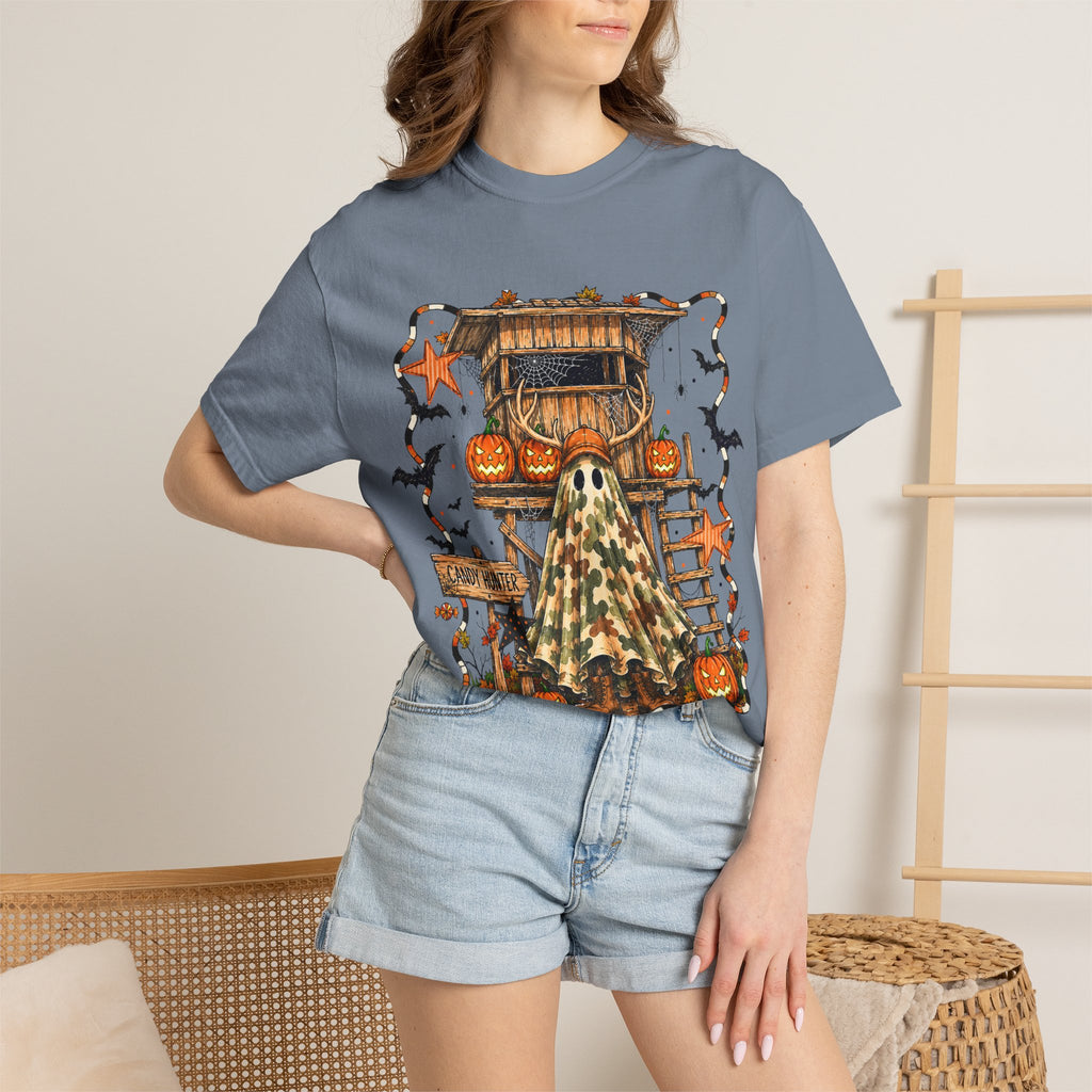 Halloween Ghost Treehouse T-Shirt Front and Back 31 October Camo Pumpkin Tee