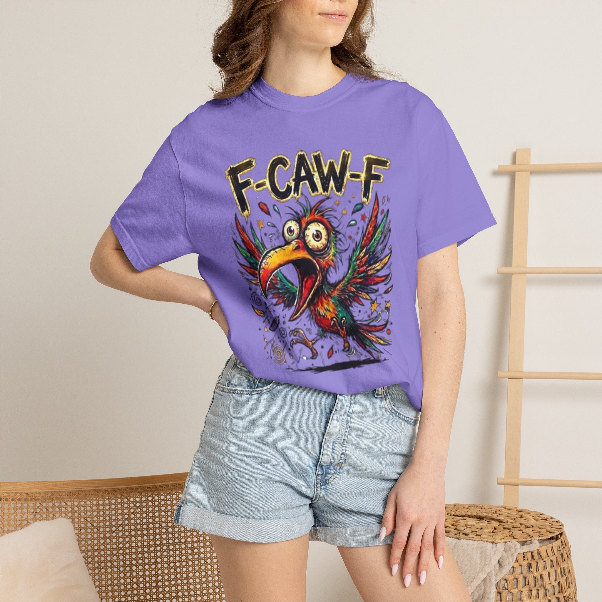 F-CAW-F Cartoon Parrot T-Shirt Colorful Tropical Bird Graphic Tee