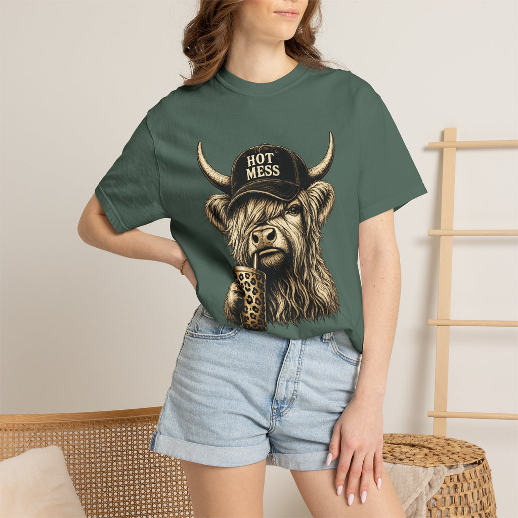 Hot Mess Highland Cow T Shirt Funny Cow with Coffee Graphic