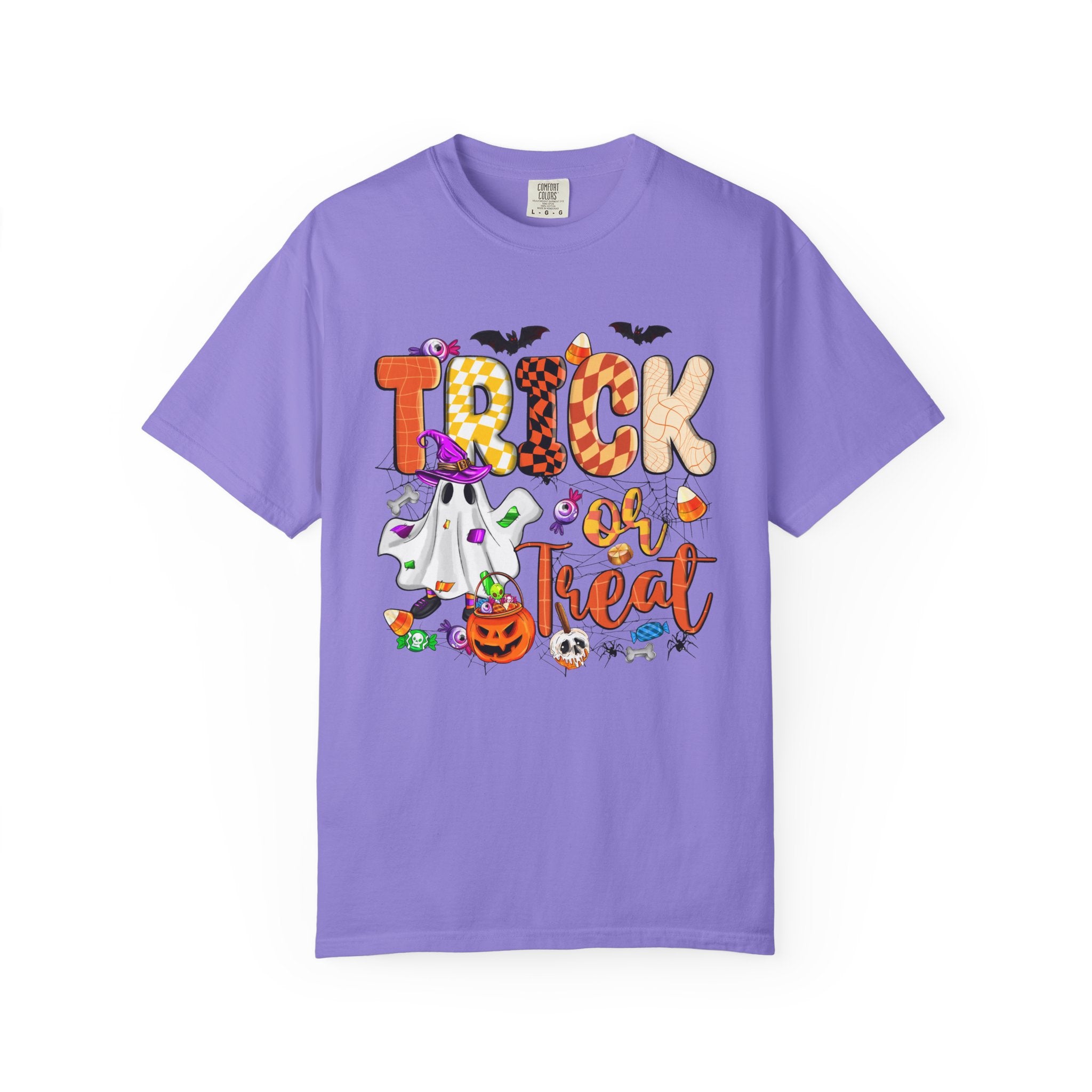 Trick or Treat Halloween T Shirt Cute Ghost Pumpkin and Candy Graphic Tee