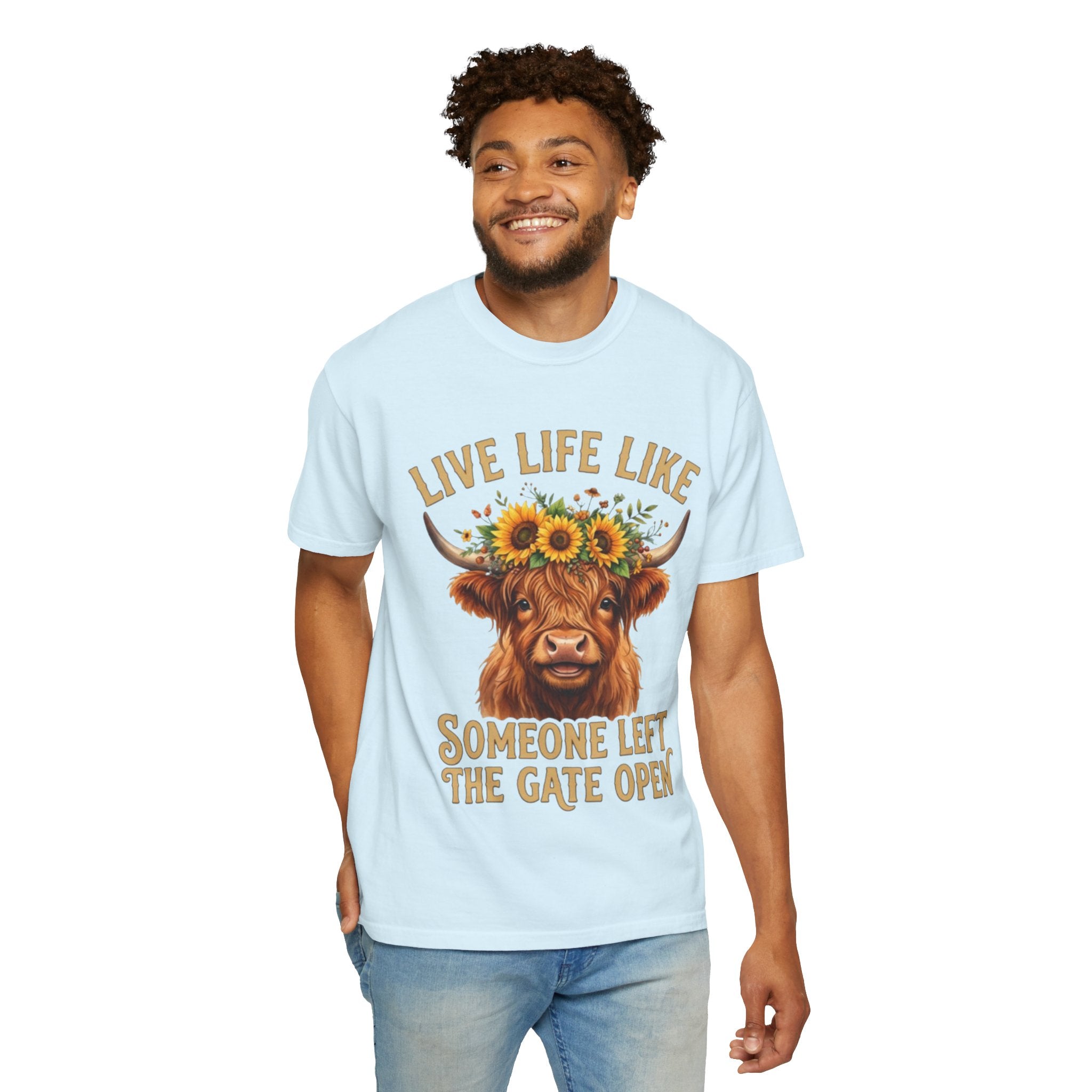 Live Life Like Someone Left the Gate Open Cow TShirt Sunflower Highland Cattle Tee